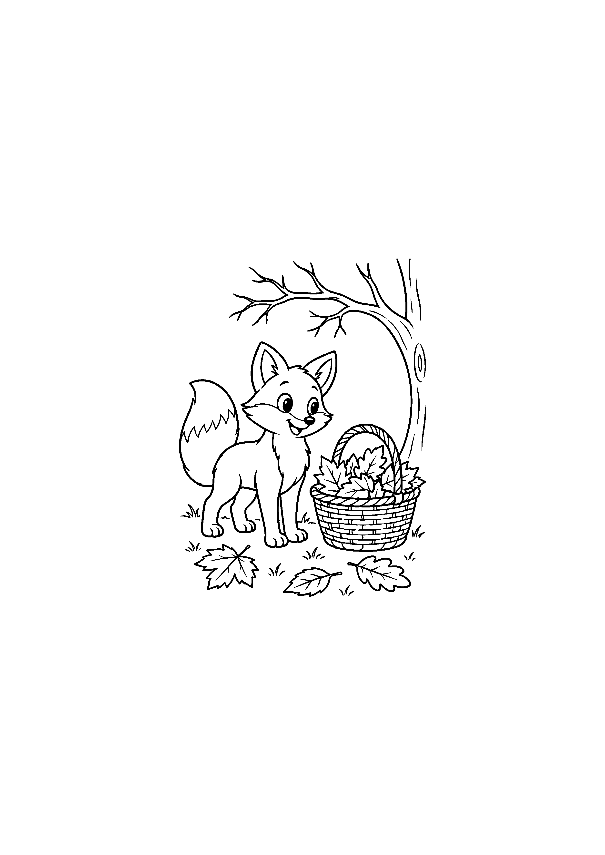 Coloriage renard près d'un panier de feuilles d'automne à imprimer