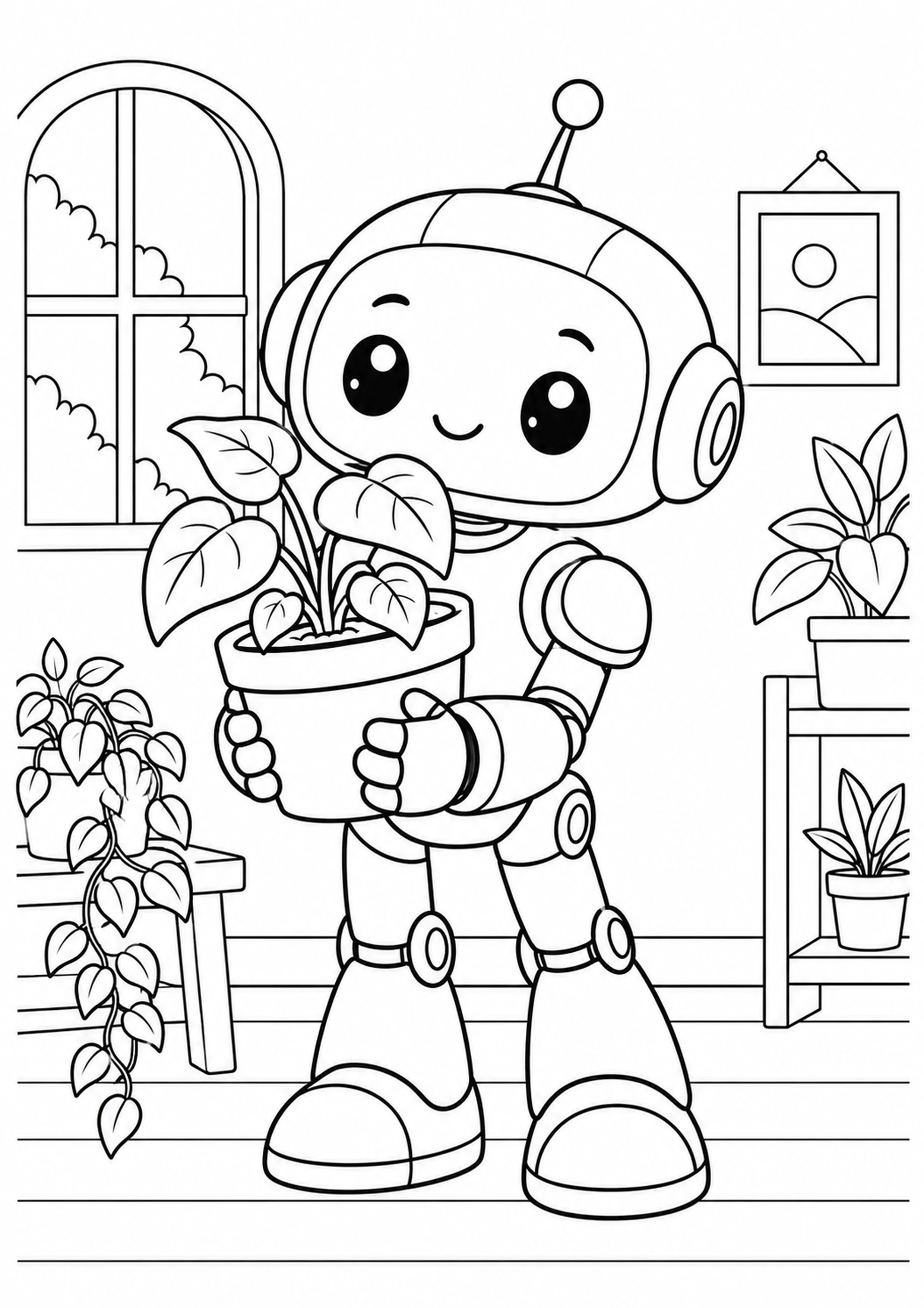 Coloriage robot avec plante en pot à imprimer