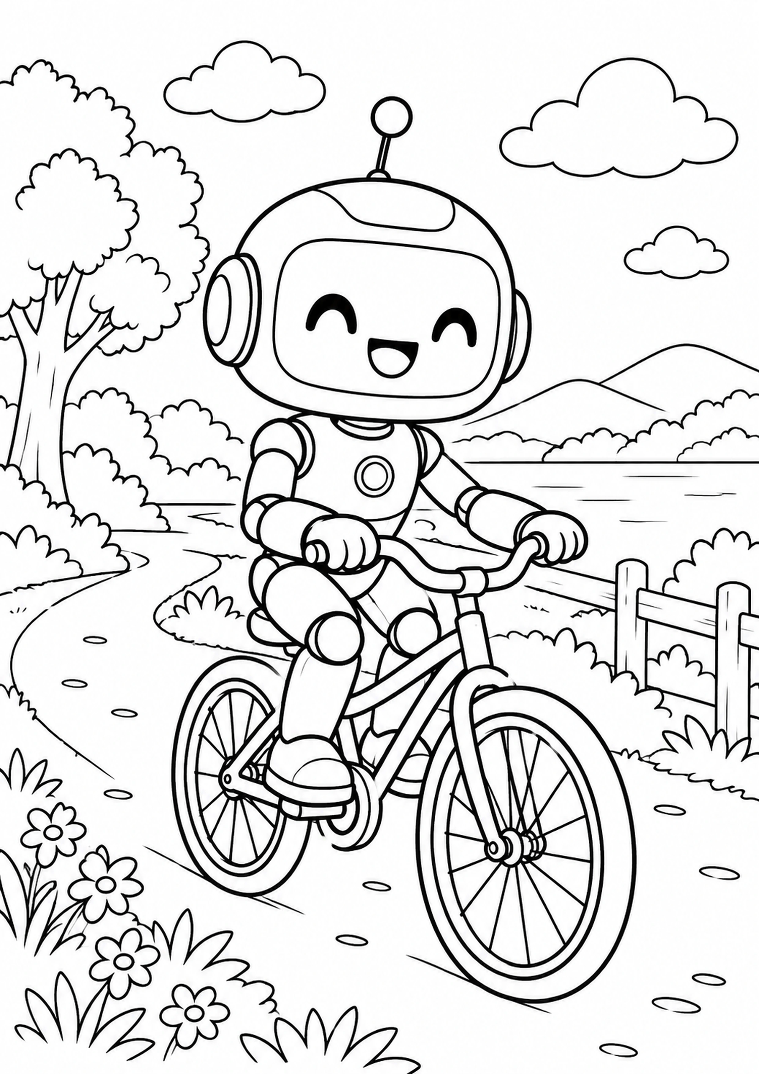 Coloriage robot qui fait du vélo à imprimer
