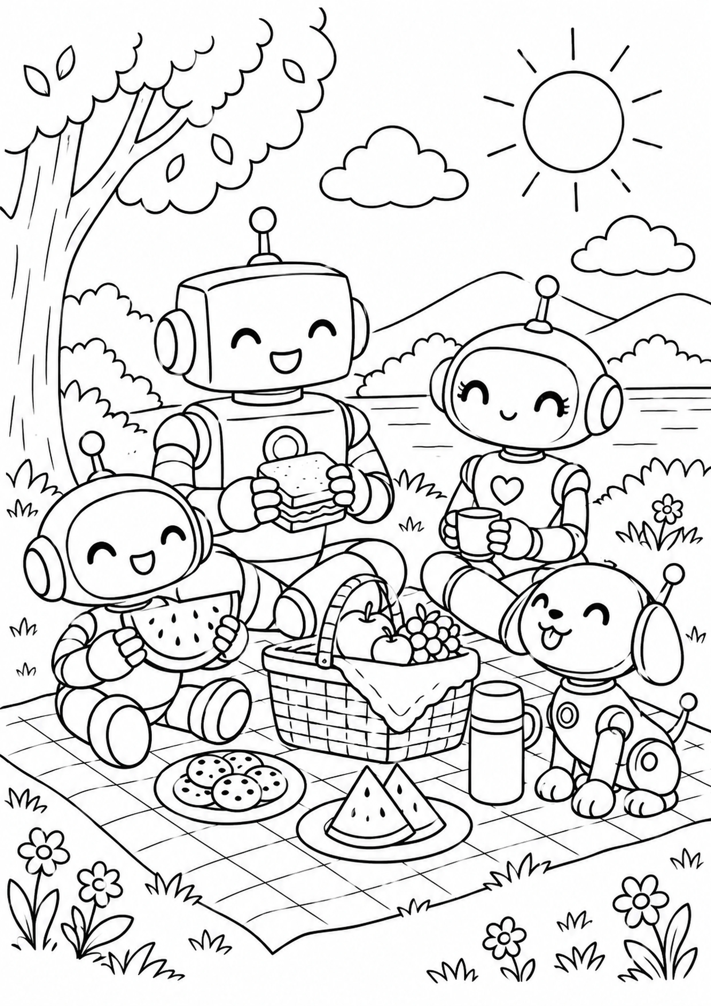Coloriage robot au pique-nique à imprimer
