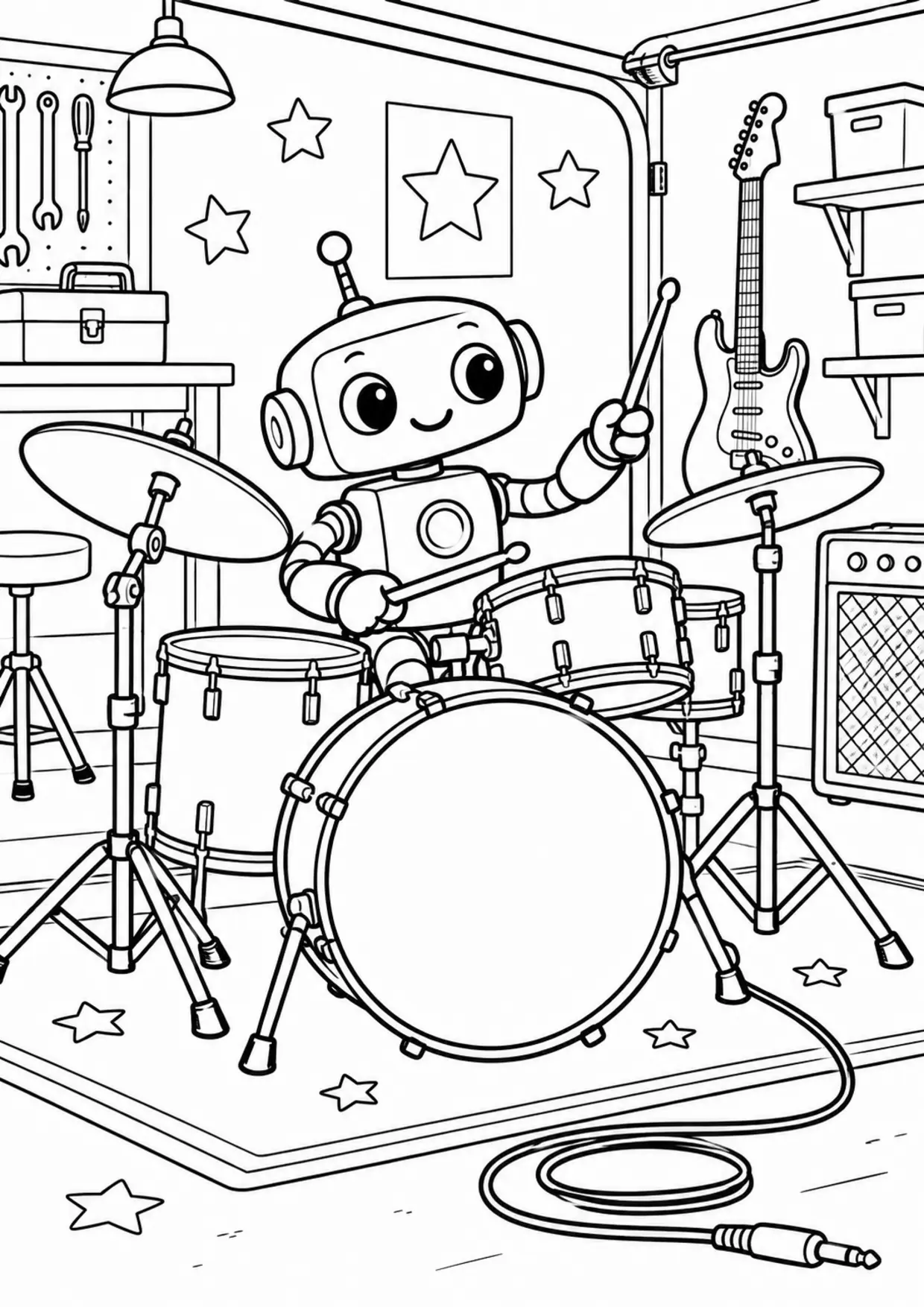 Coloriage batterie : robot garage à imprimer montrant robot garage, dessin noir et blanc