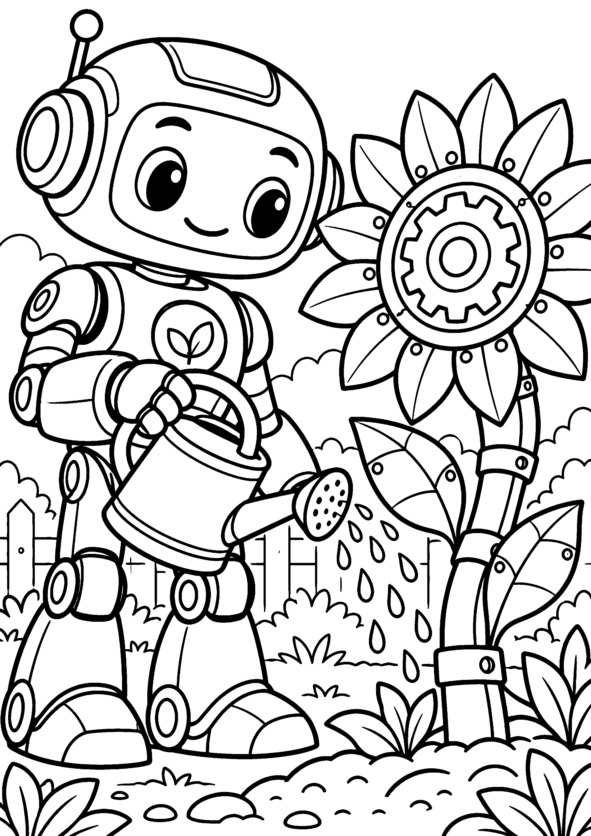 Coloriage en noir et blanc représentant robot jardinier arrosant un grand tournesol mécanique, en grand format A4