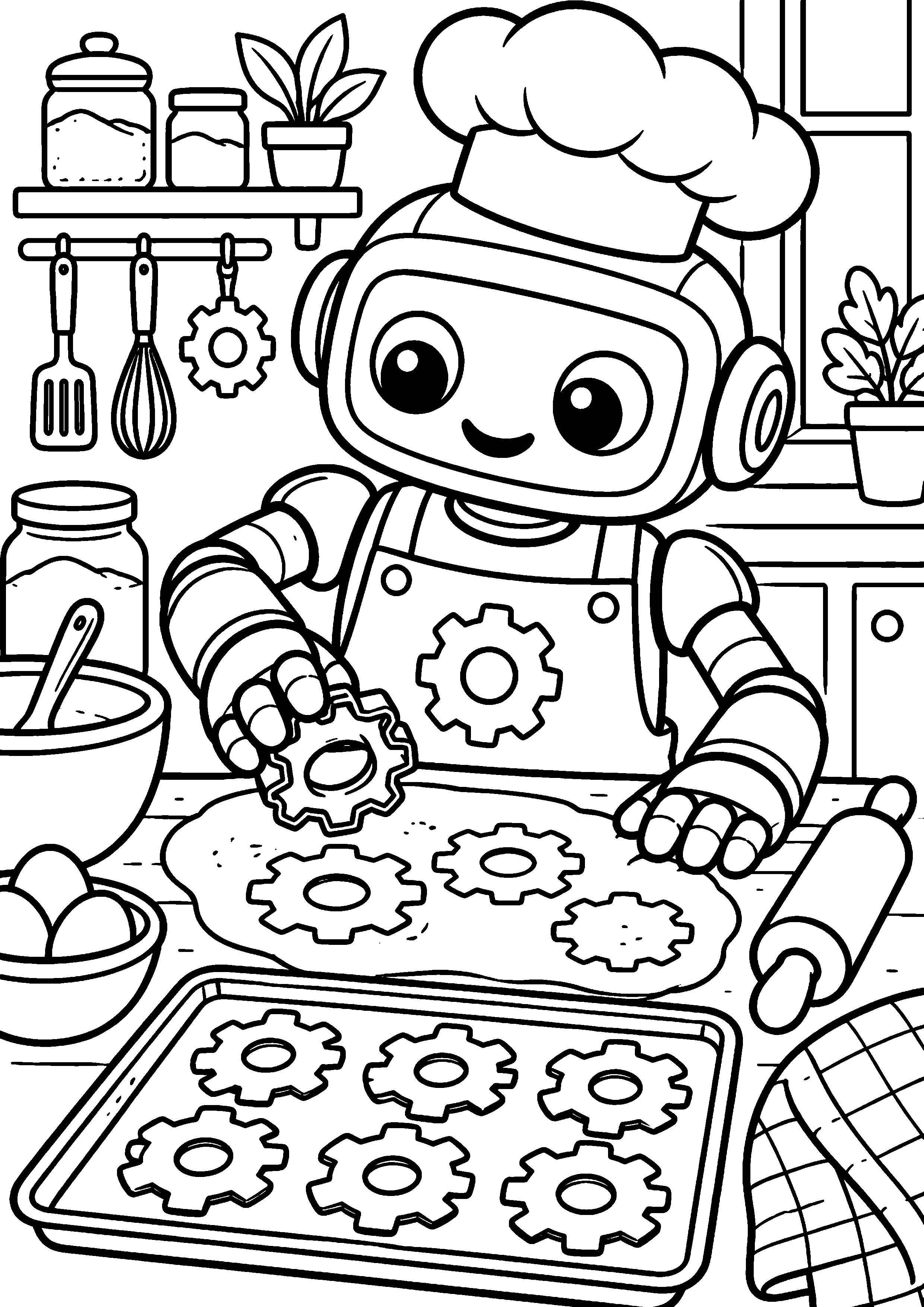Coloriage en noir et blanc représentant robot cuisinier préparant des biscuits en forme d'engrenages, en grand format A4