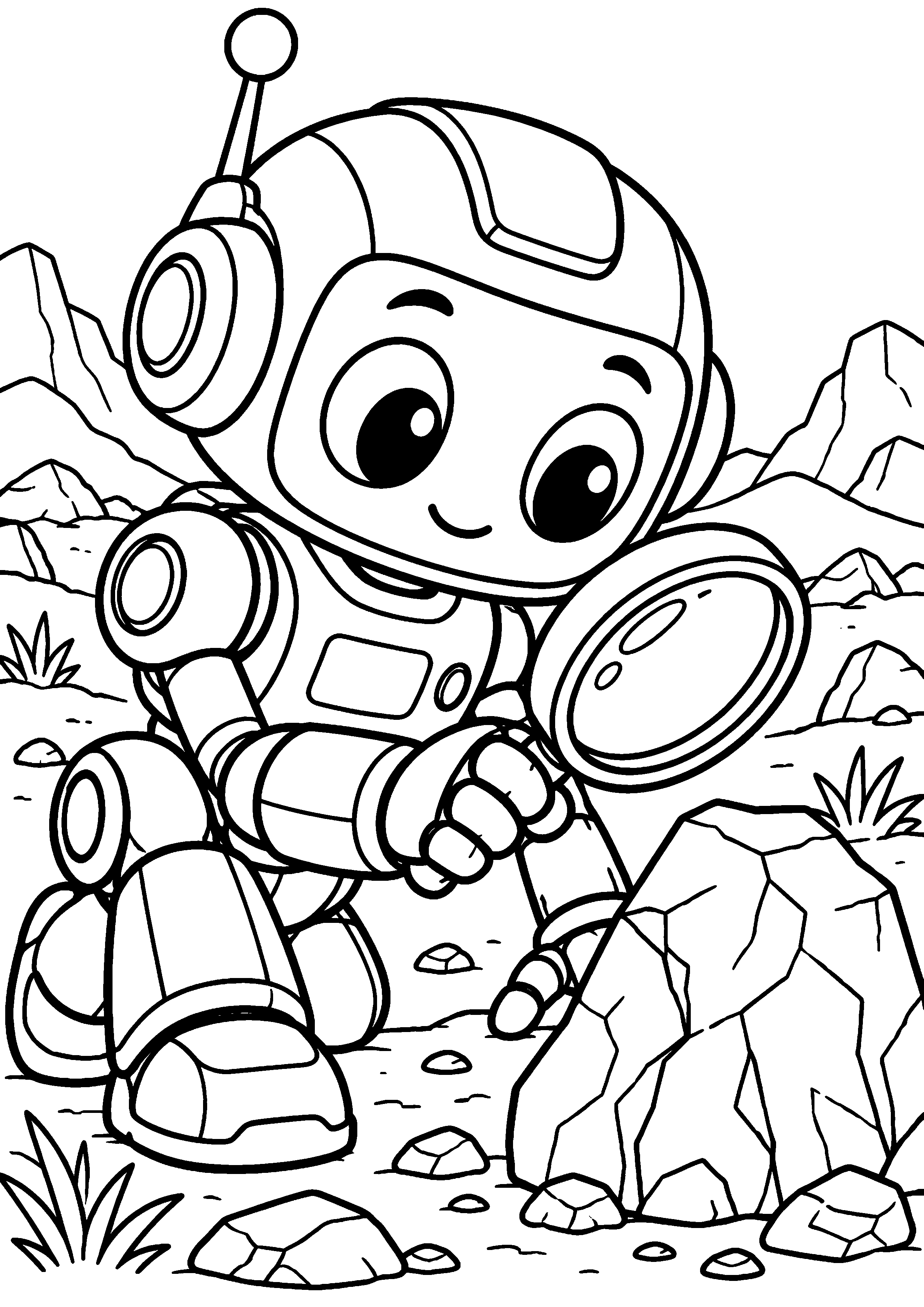 Coloriage en noir et blanc représentant robot explorateur examinant une roche avec une loupe, en grand format A4