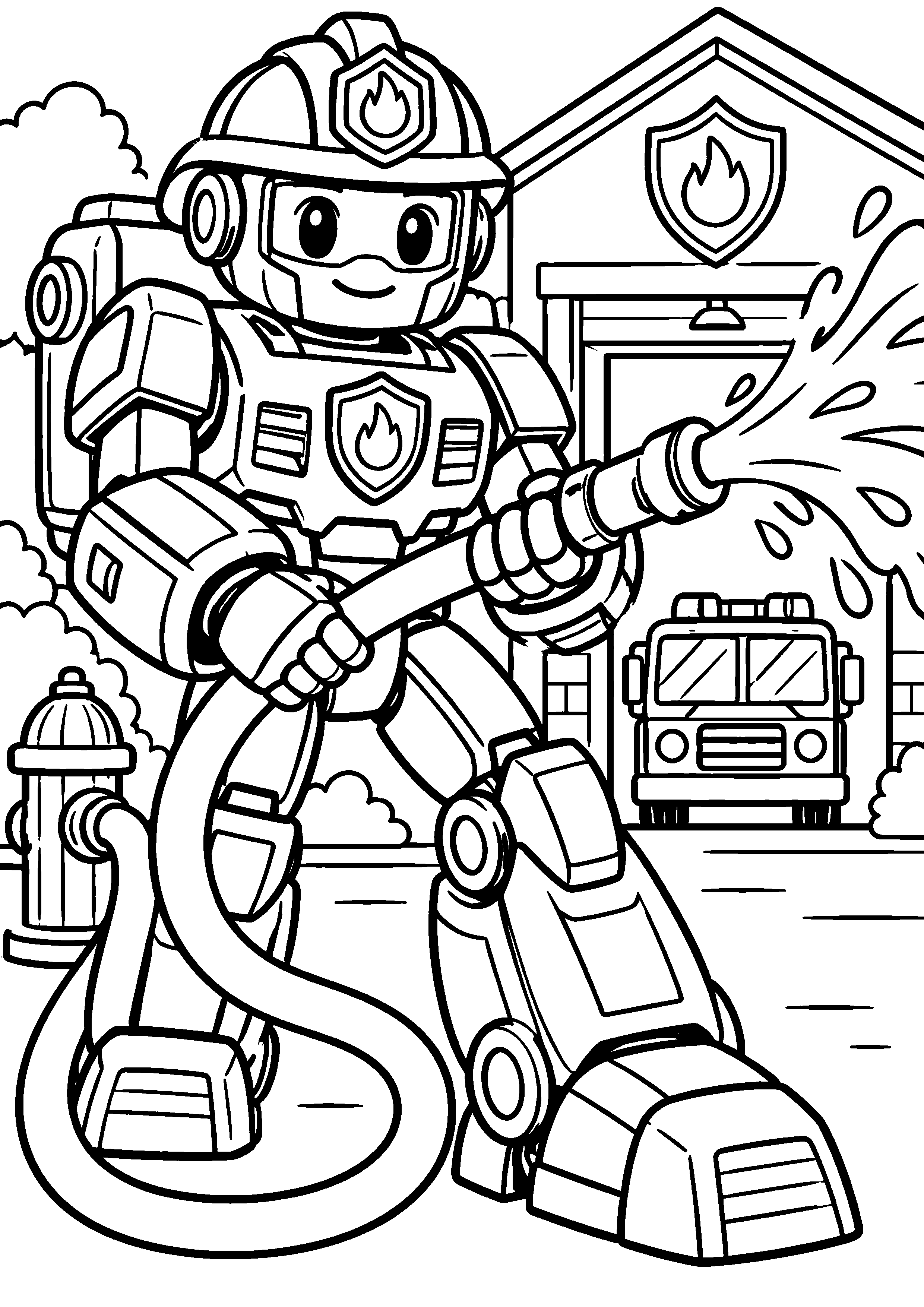Coloriage en noir et blanc représentant robot pompier déroulant une lance près d'une petite caserne, en grand format A4