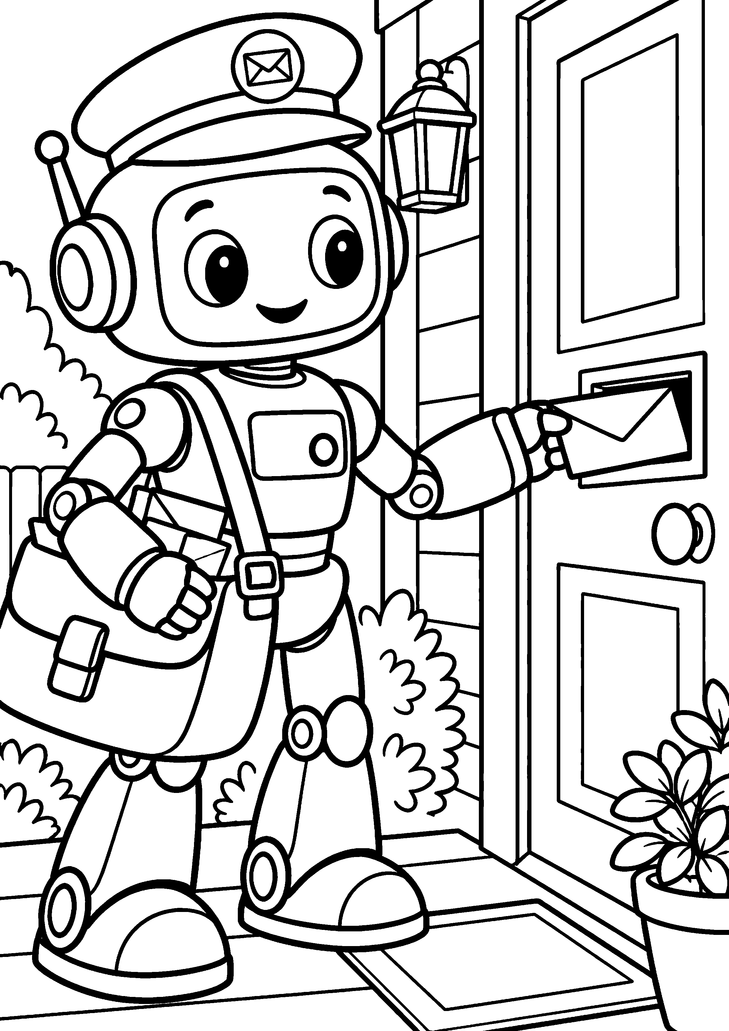 Coloriage en noir et blanc représentant robot facteur portant un sac et déposant une enveloppe sans écriture, en grand format A4