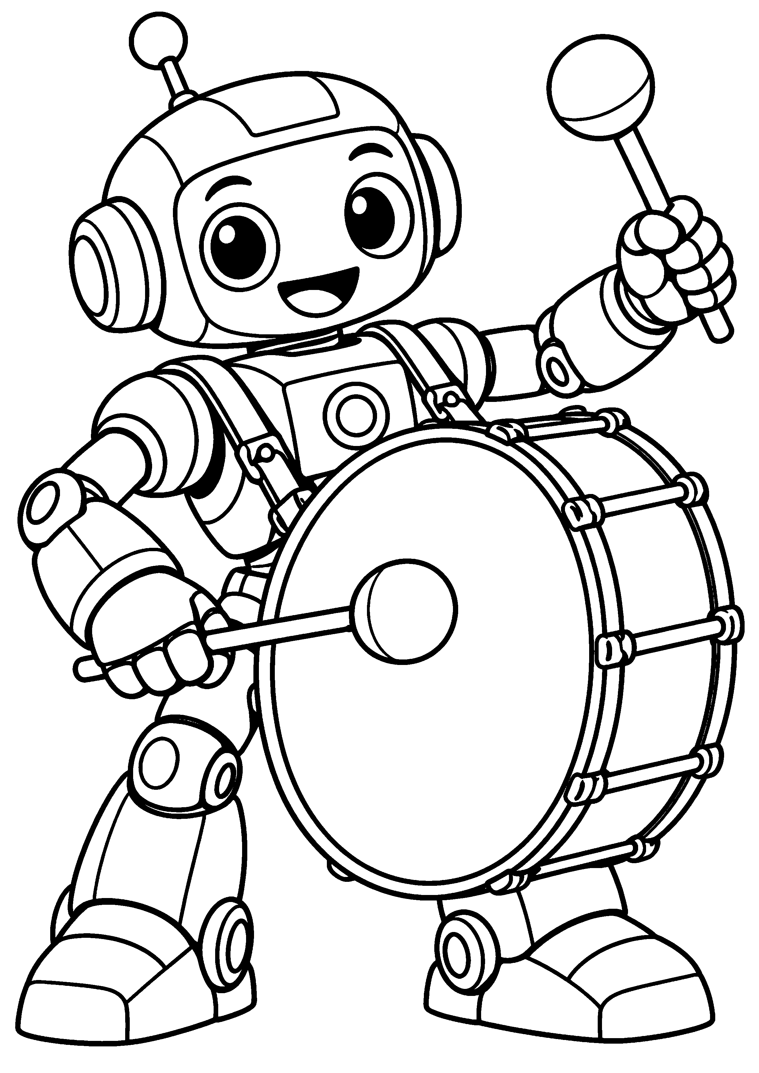 Coloriage en noir et blanc représentant robot musicien jouant d'un grand tambour, en grand format A4