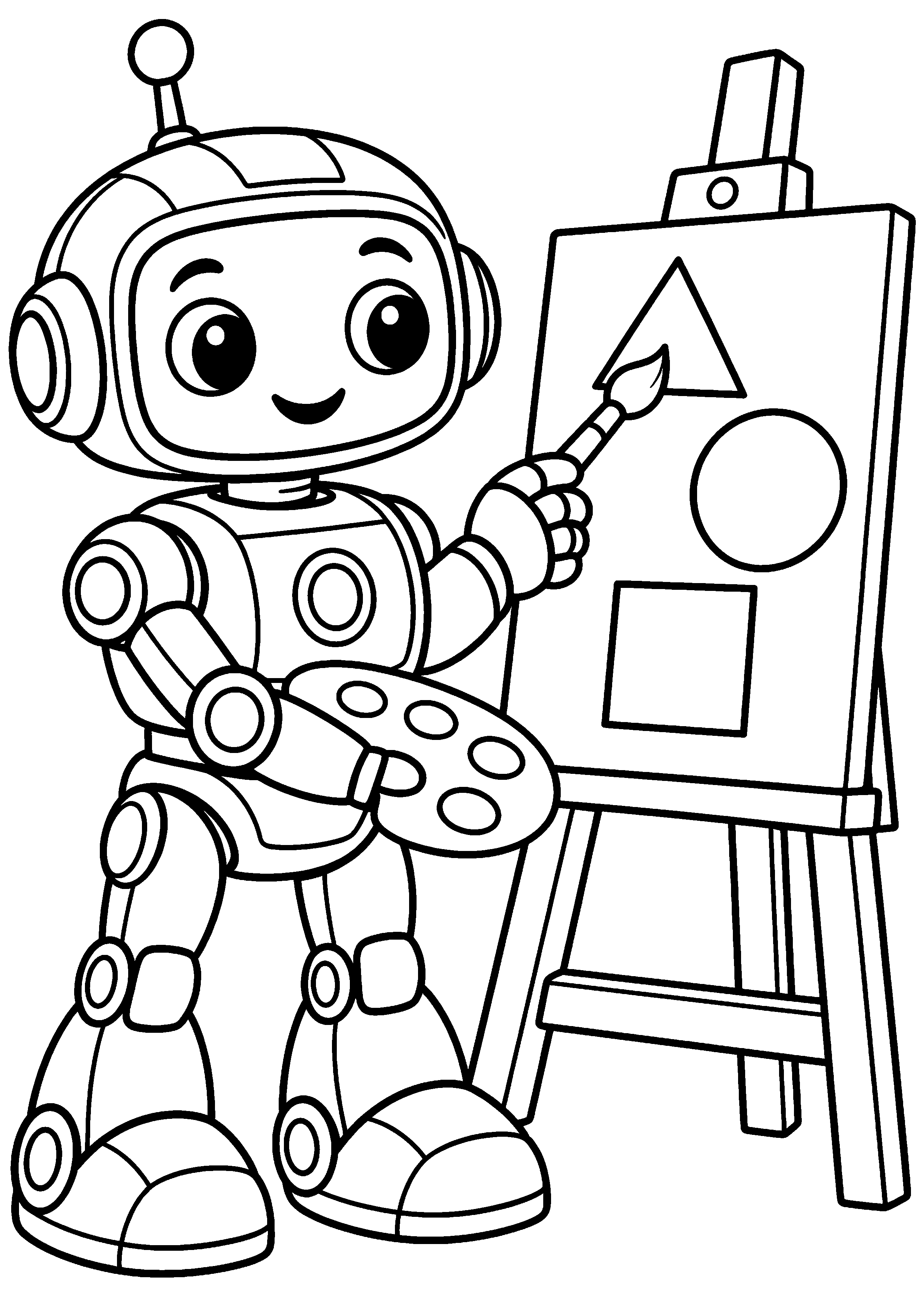 Coloriage en noir et blanc représentant robot peintre devant un chevalet montrant seulement des formes géométriques, en grand format A4