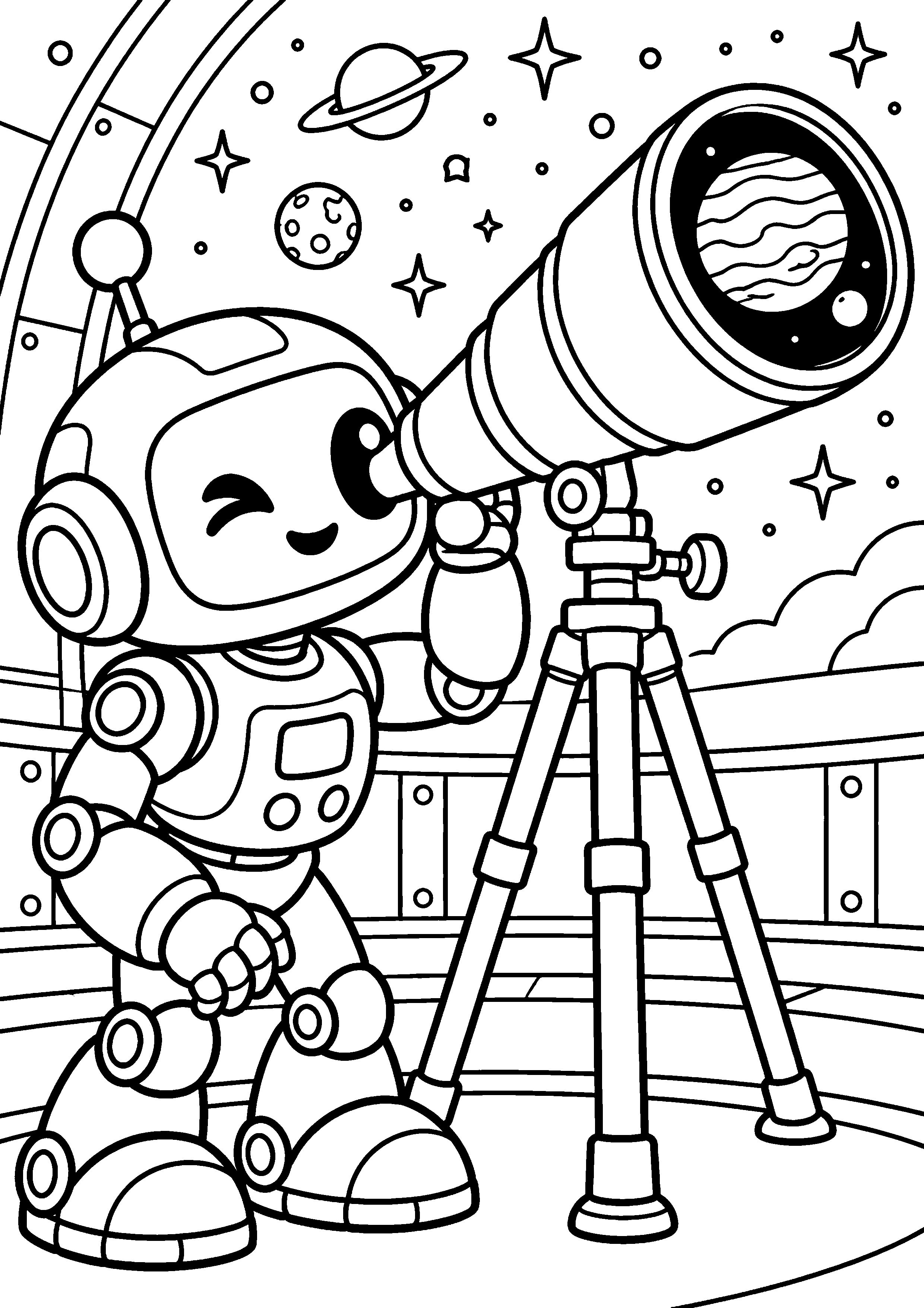Coloriage en noir et blanc représentant robot astronome observant une planète dans un télescope, en grand format A4