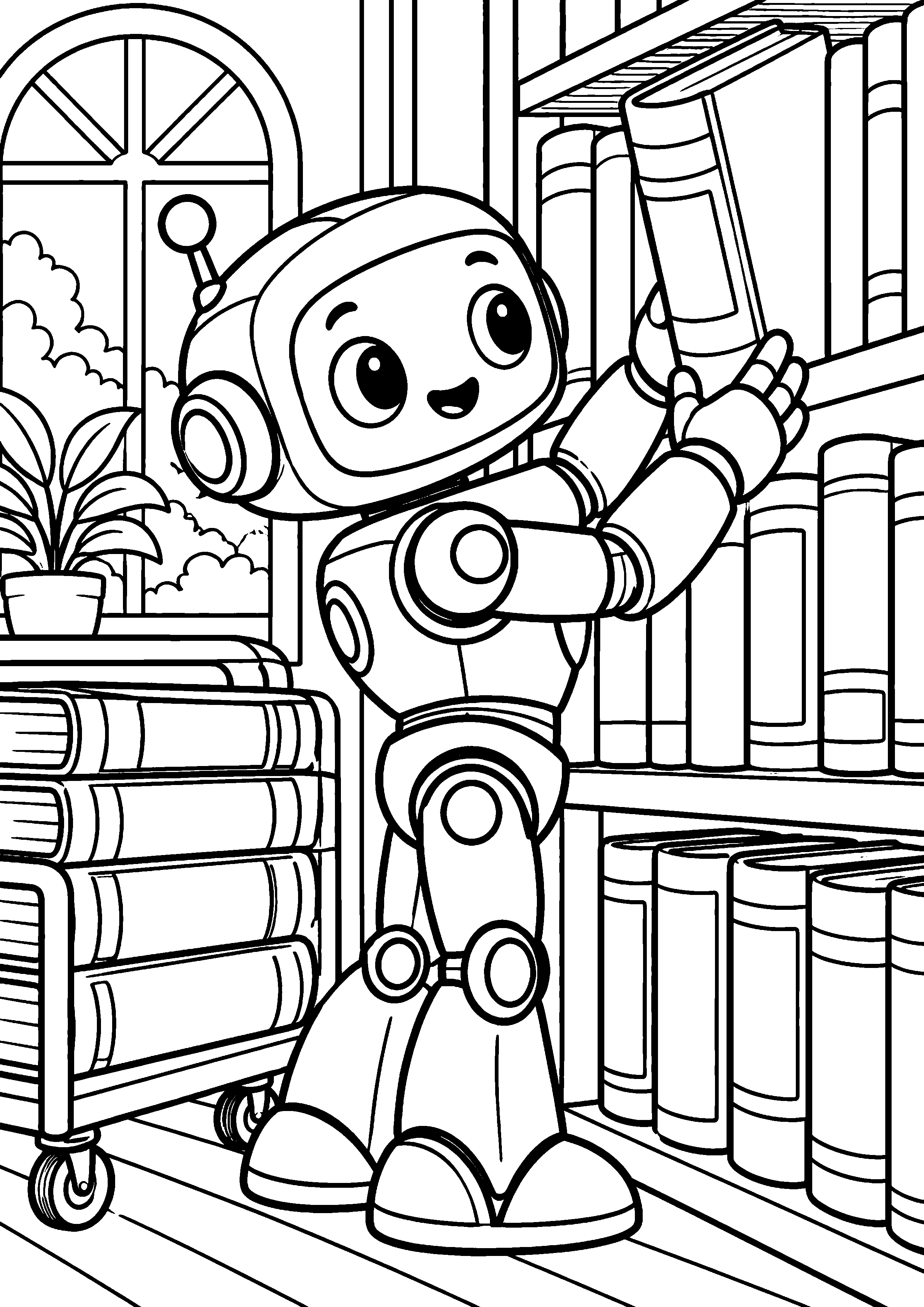 Coloriage en noir et blanc représentant robot bibliothécaire rangeant de grands livres sans texte, en grand format A4