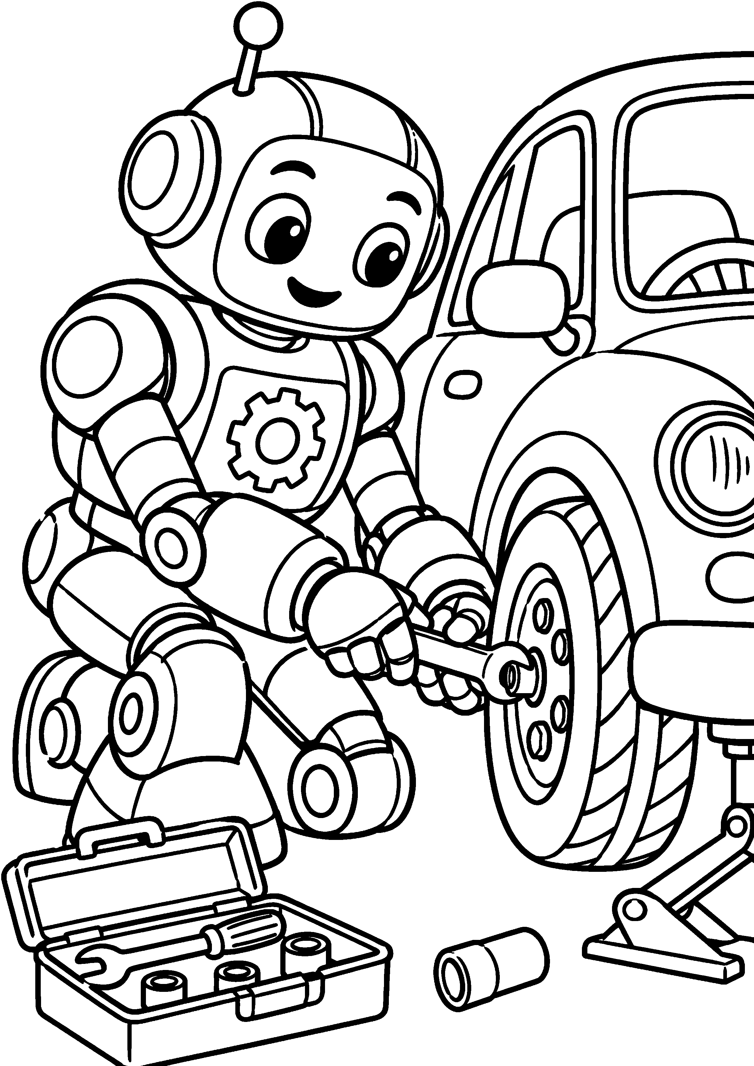 Coloriage en noir et blanc représentant robot réparateur resserrant la roue d'un petit véhicule, en grand format A4