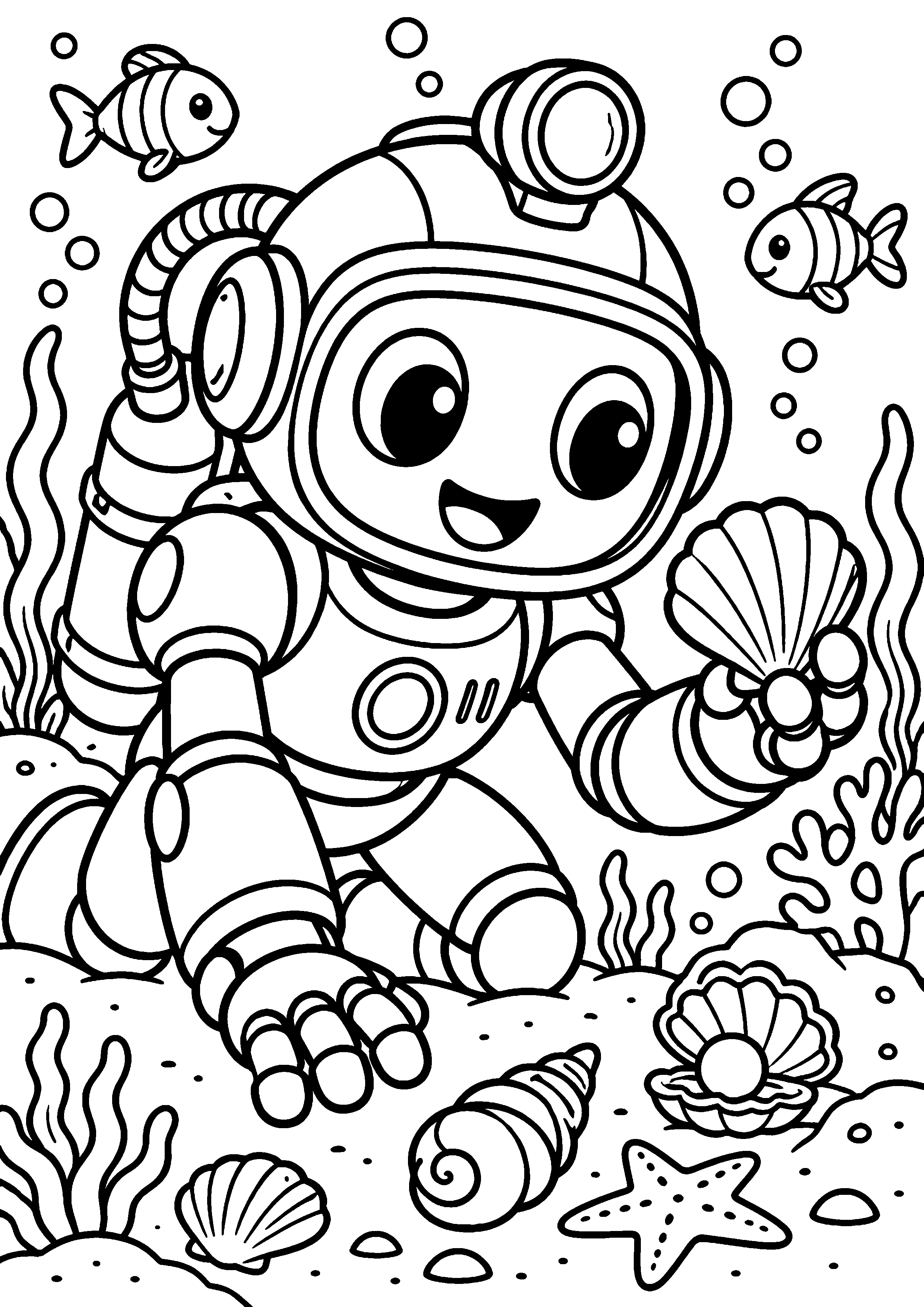 Coloriage en noir et blanc représentant robot plongeur découvrant des coquillages sous-marins, en grand format A4