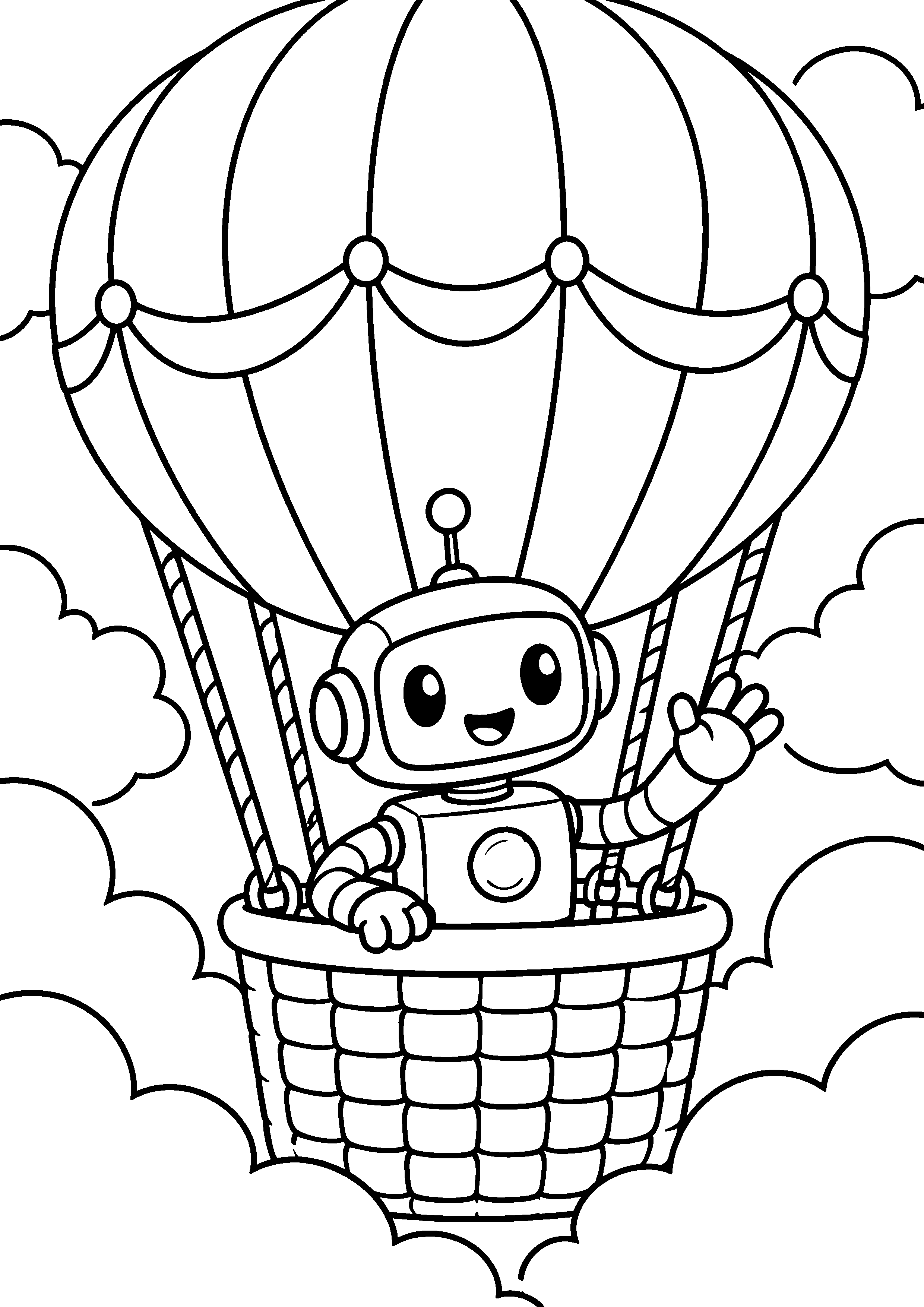 Coloriage en noir et blanc représentant robot montgolfière pilotant une nacelle dans les nuages, en grand format A4