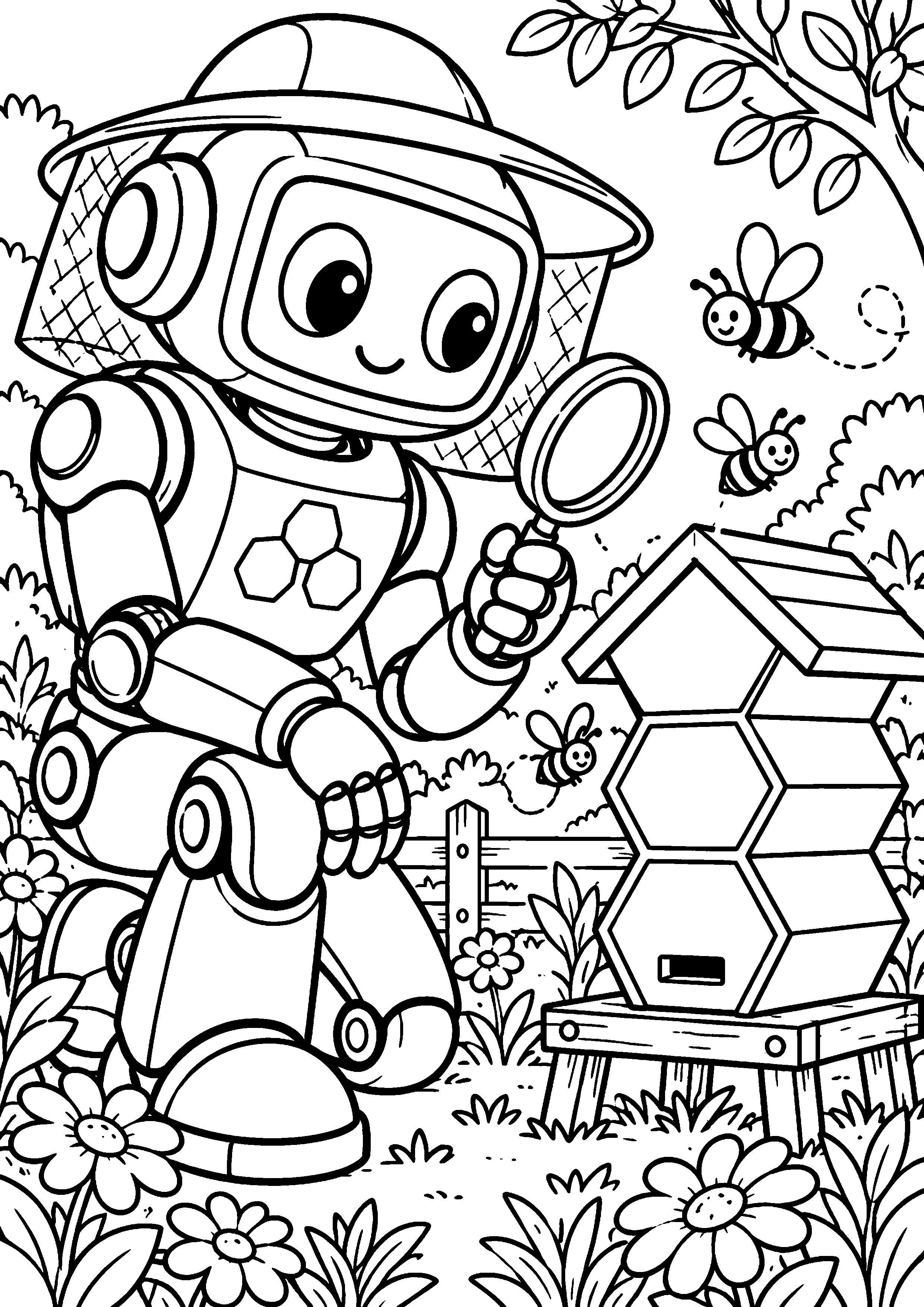 Coloriage en noir et blanc représentant robot apiculteur observant une ruche géométrique, en grand format A4