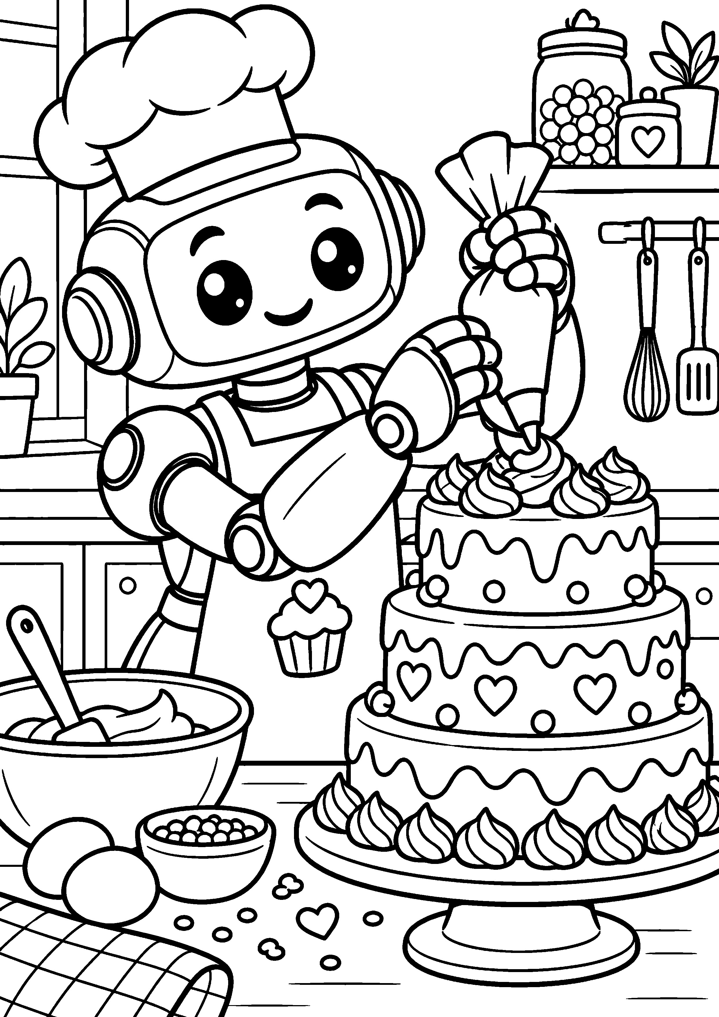 Coloriage en noir et blanc représentant robot pâtissier décorant un gâteau à étages, en grand format A4