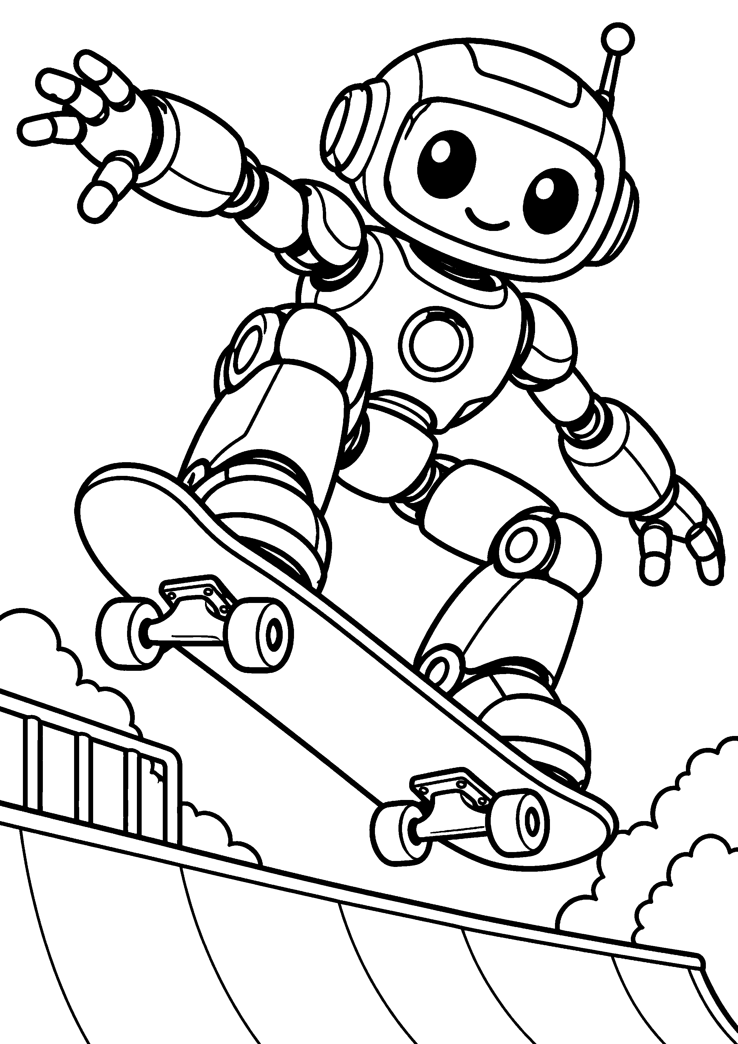 Coloriage en noir et blanc représentant robot skateur réalisant une figure sur une rampe simple, en grand format A4