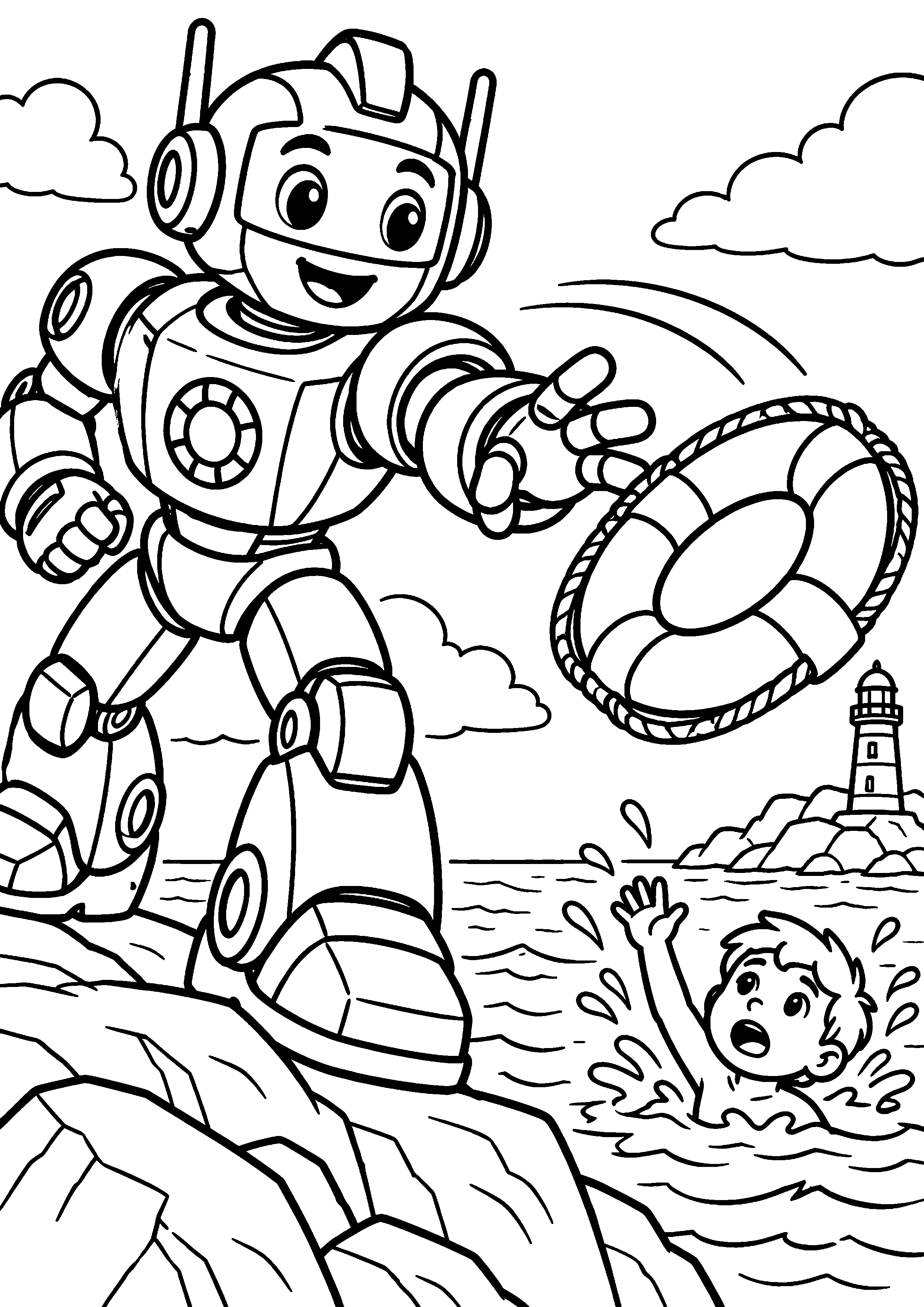 Coloriage en noir et blanc représentant robot sauveteur lançant une bouée ronde, en grand format A4