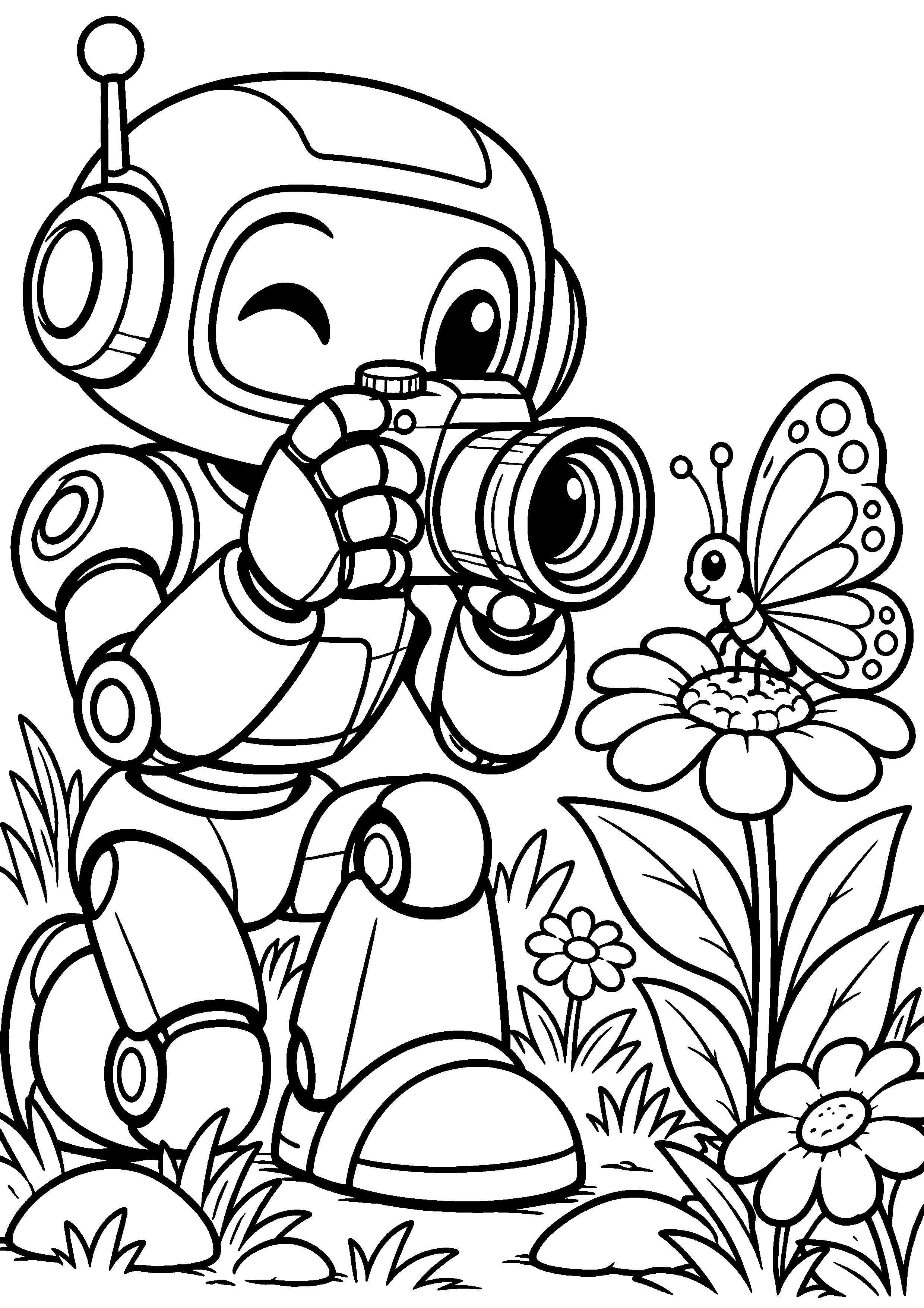 Coloriage en noir et blanc représentant robot photographe cadrant un papillon avec un appareil, en grand format A4