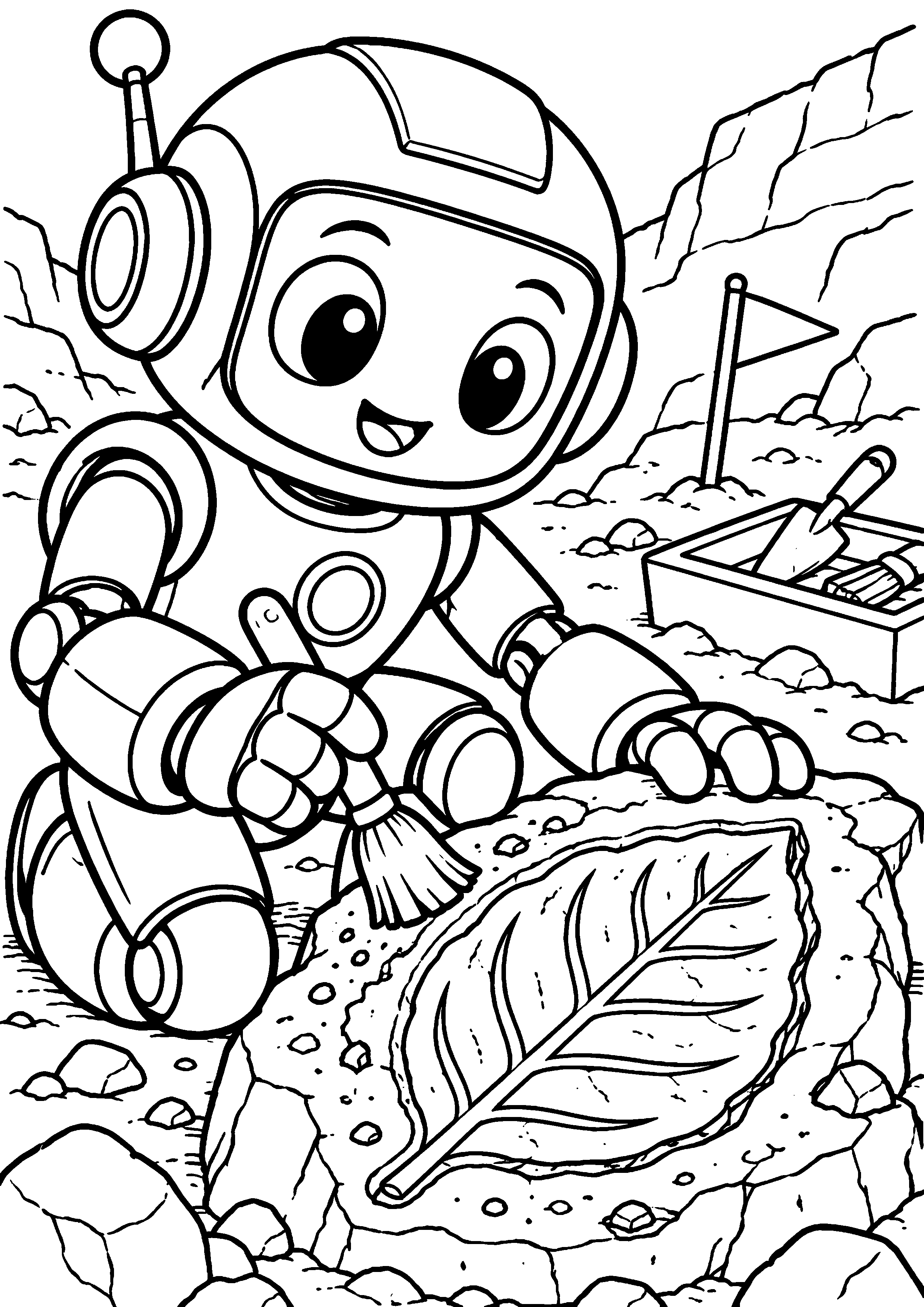 Coloriage en noir et blanc représentant robot archéologue dégageant un fossile de feuille, en grand format A4