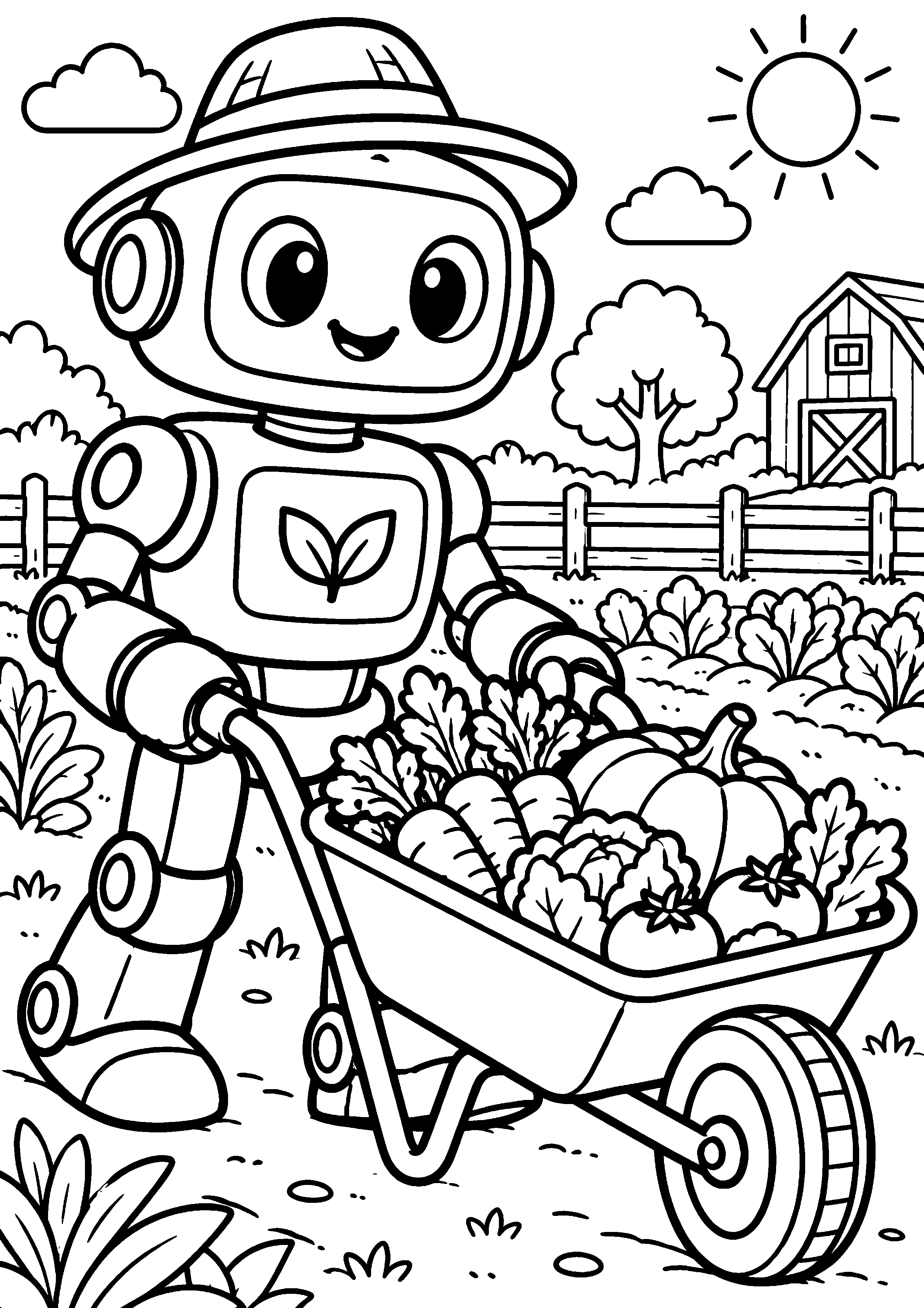 Coloriage en noir et blanc représentant robot cultivateur poussant une brouette de légumes, en grand format A4