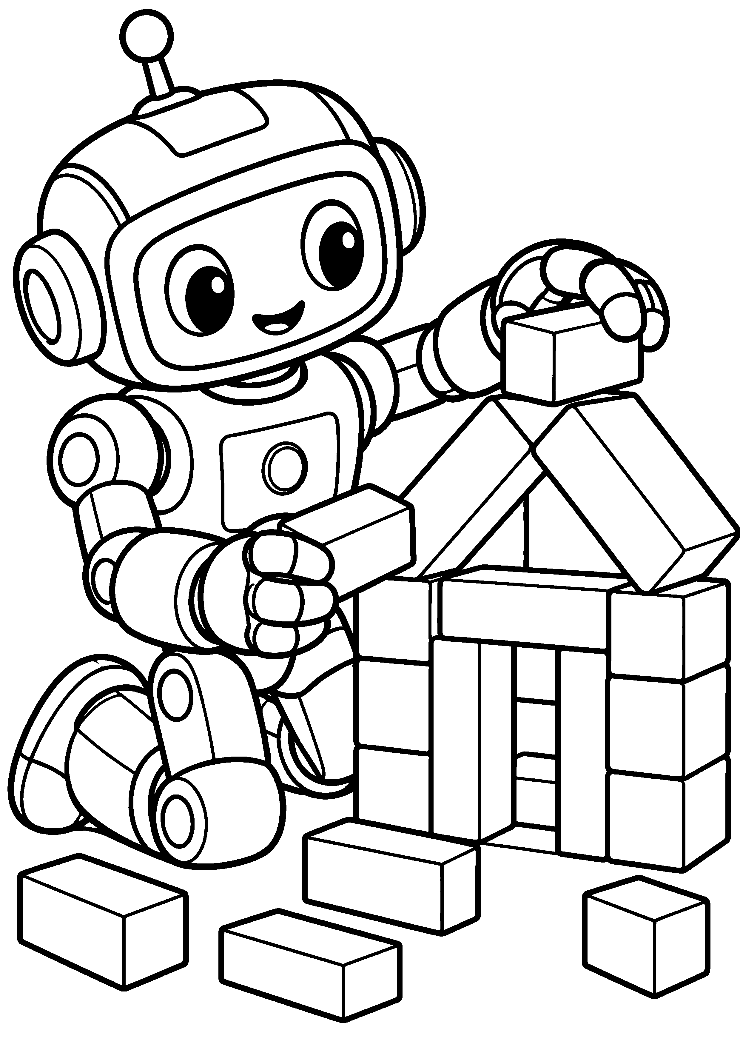 Coloriage en noir et blanc représentant robot constructeur assemblant une cabane avec des blocs, en grand format A4