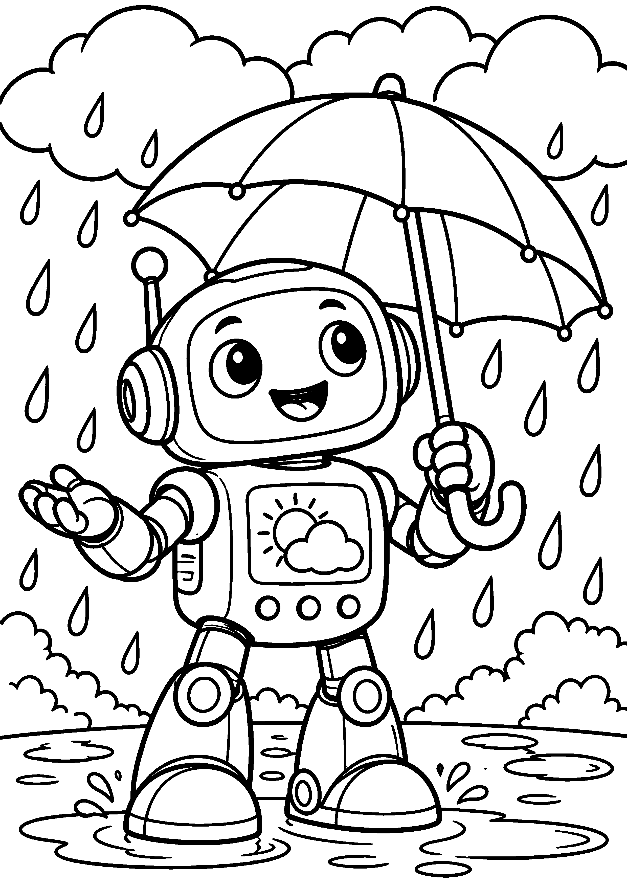 Coloriage en noir et blanc représentant robot météorologue tenant un parapluie sous de gros nuages, en grand format A4