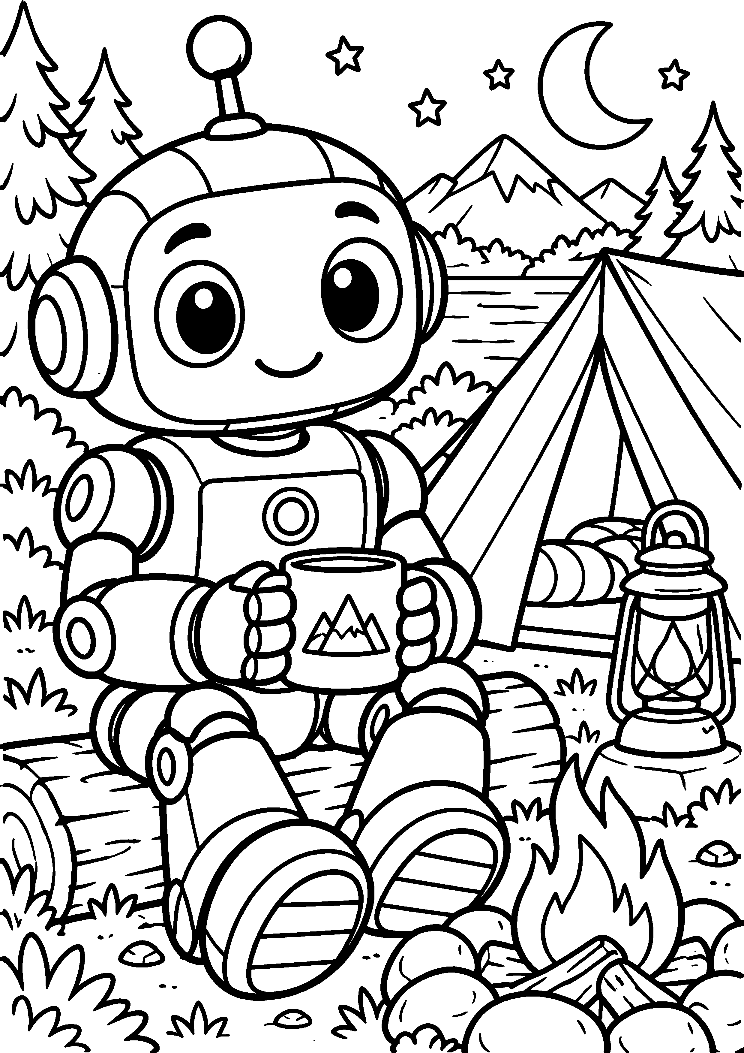 Coloriage en noir et blanc représentant robot campeur assis près d'une tente et d'une lanterne, en grand format A4