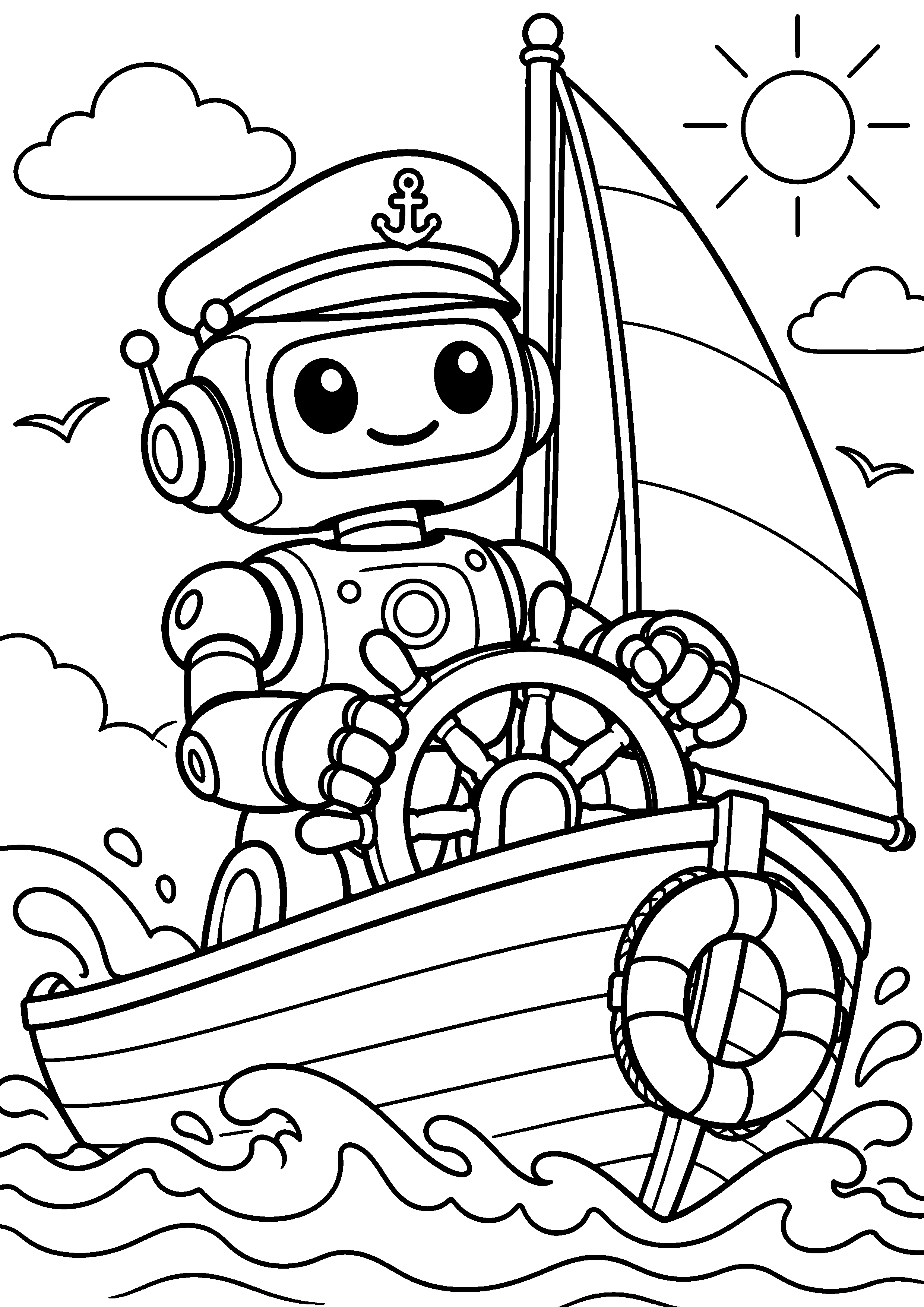 Coloriage en noir et blanc représentant robot marin tenant la barre d'un petit voilier, en grand format A4