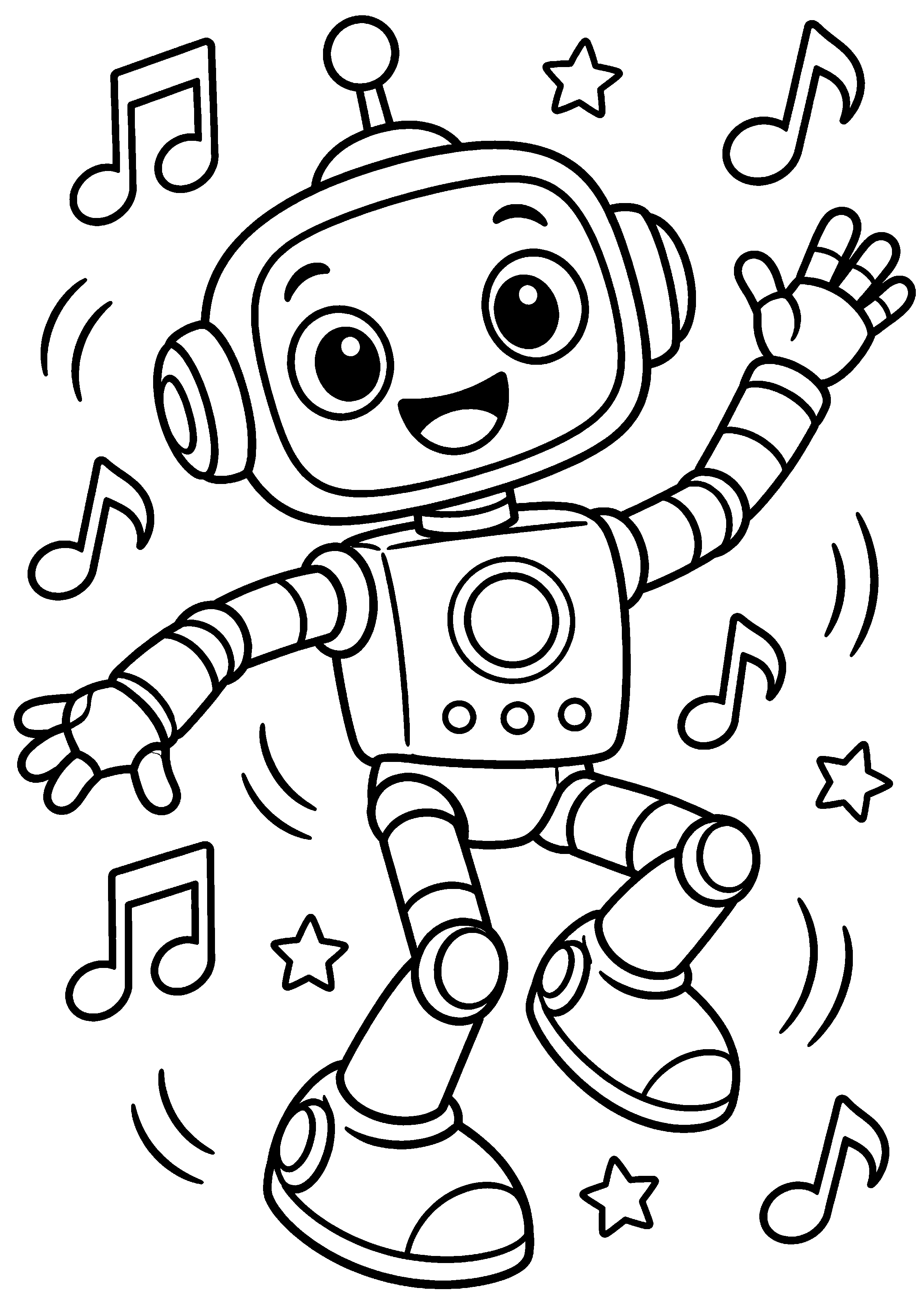 Coloriage en noir et blanc représentant robot danseur en équilibre au milieu de notes symboliques sans lettres, en grand format A4
