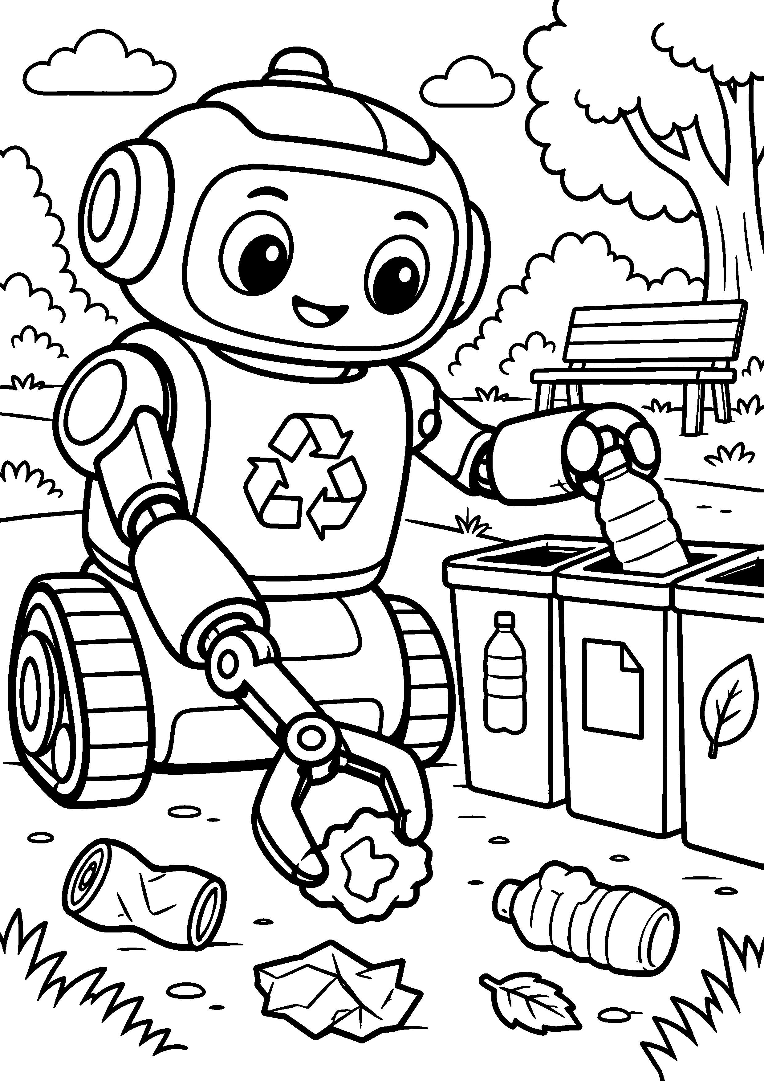 Coloriage en noir et blanc représentant robot nettoyeur ramassant des déchets pour les trier, en grand format A4