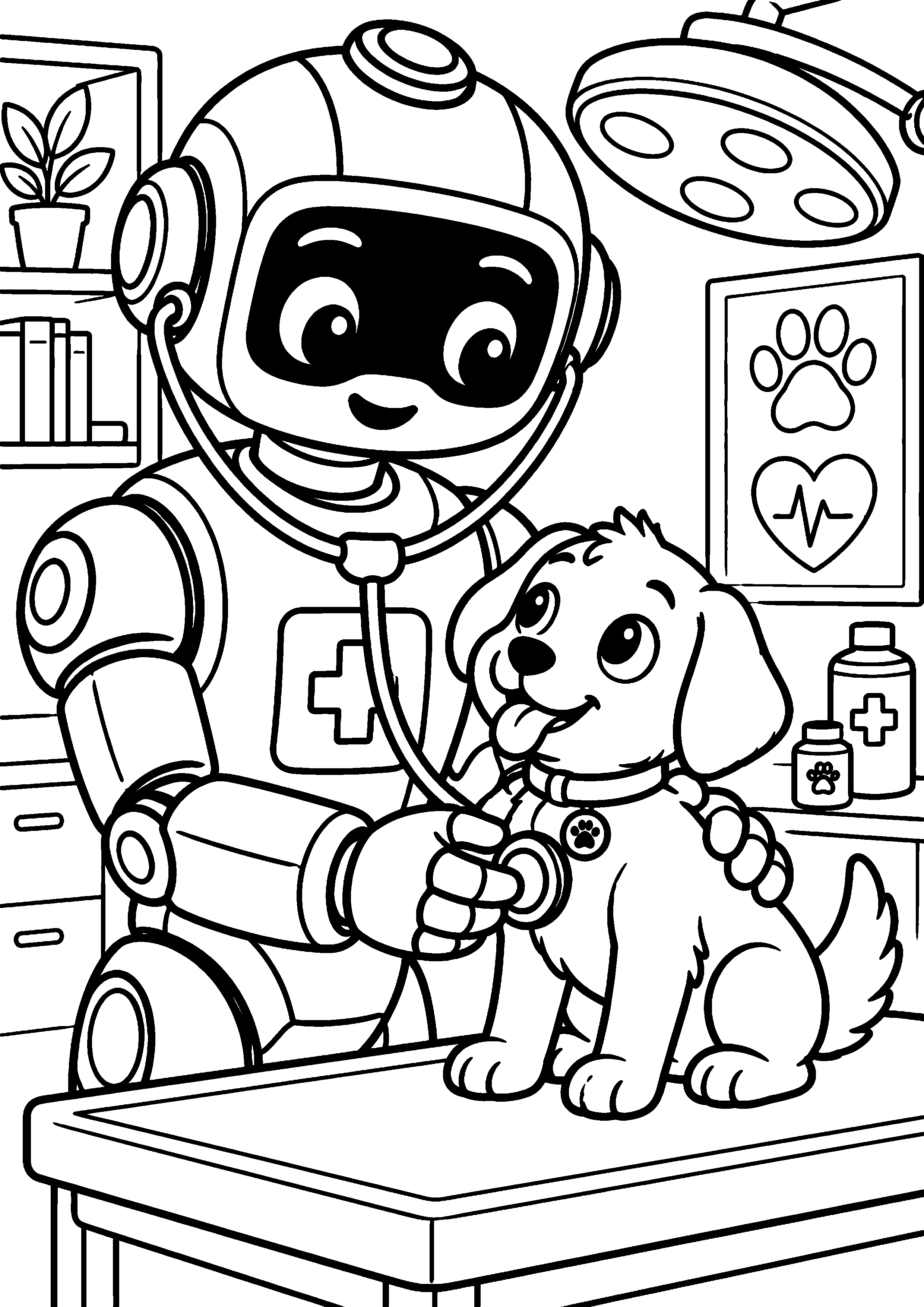 Coloriage en noir et blanc représentant robot vétérinaire auscultant un petit chien générique, en grand format A4