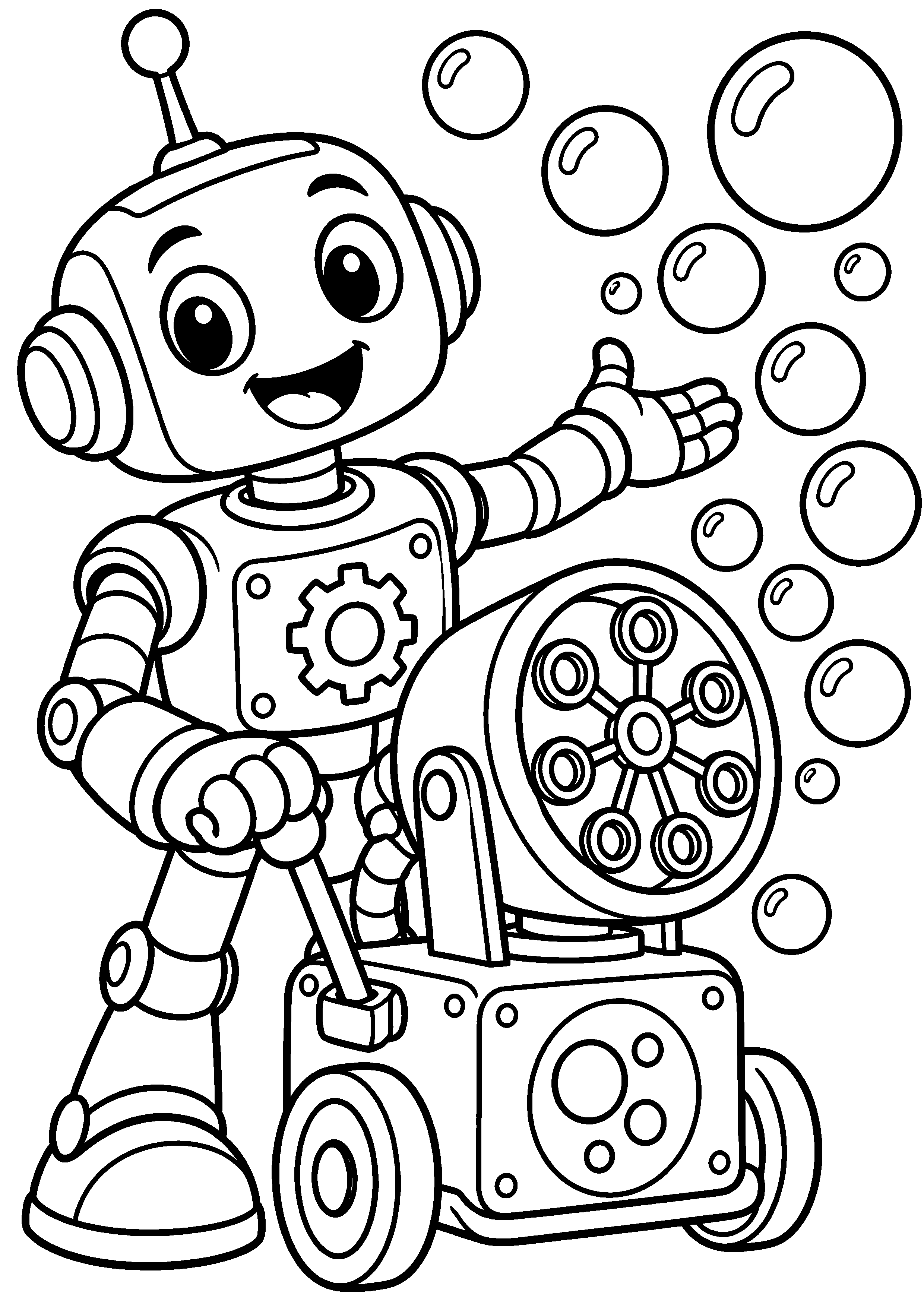 Coloriage en noir et blanc représentant robot inventeur présentant une machine à bulles, en grand format A4
