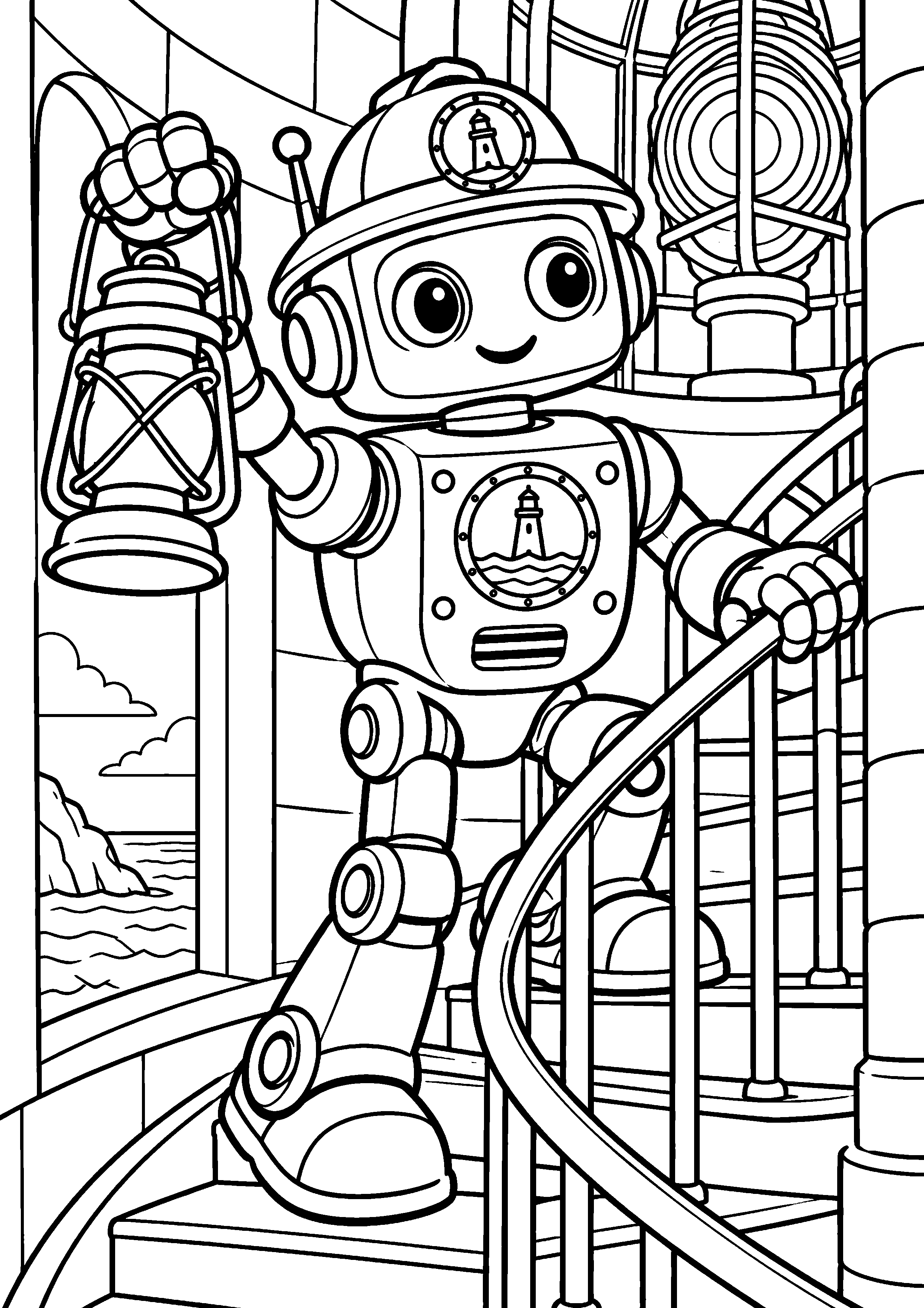 Coloriage en noir et blanc représentant robot gardien de phare sur un escalier en colimaçon, en grand format A4
