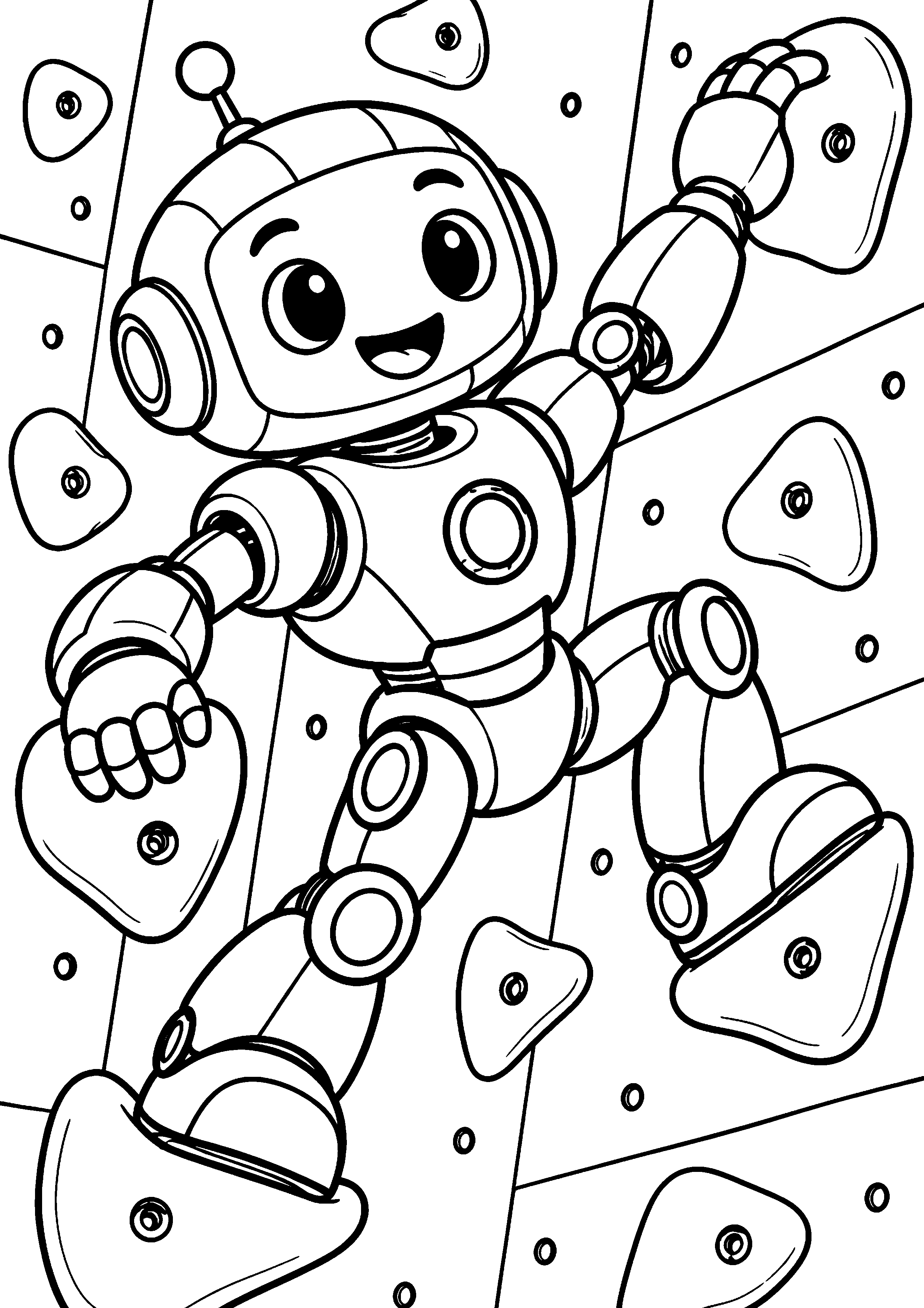 Coloriage en noir et blanc représentant robot grimpeur escaladant un mur de prises larges, en grand format A4