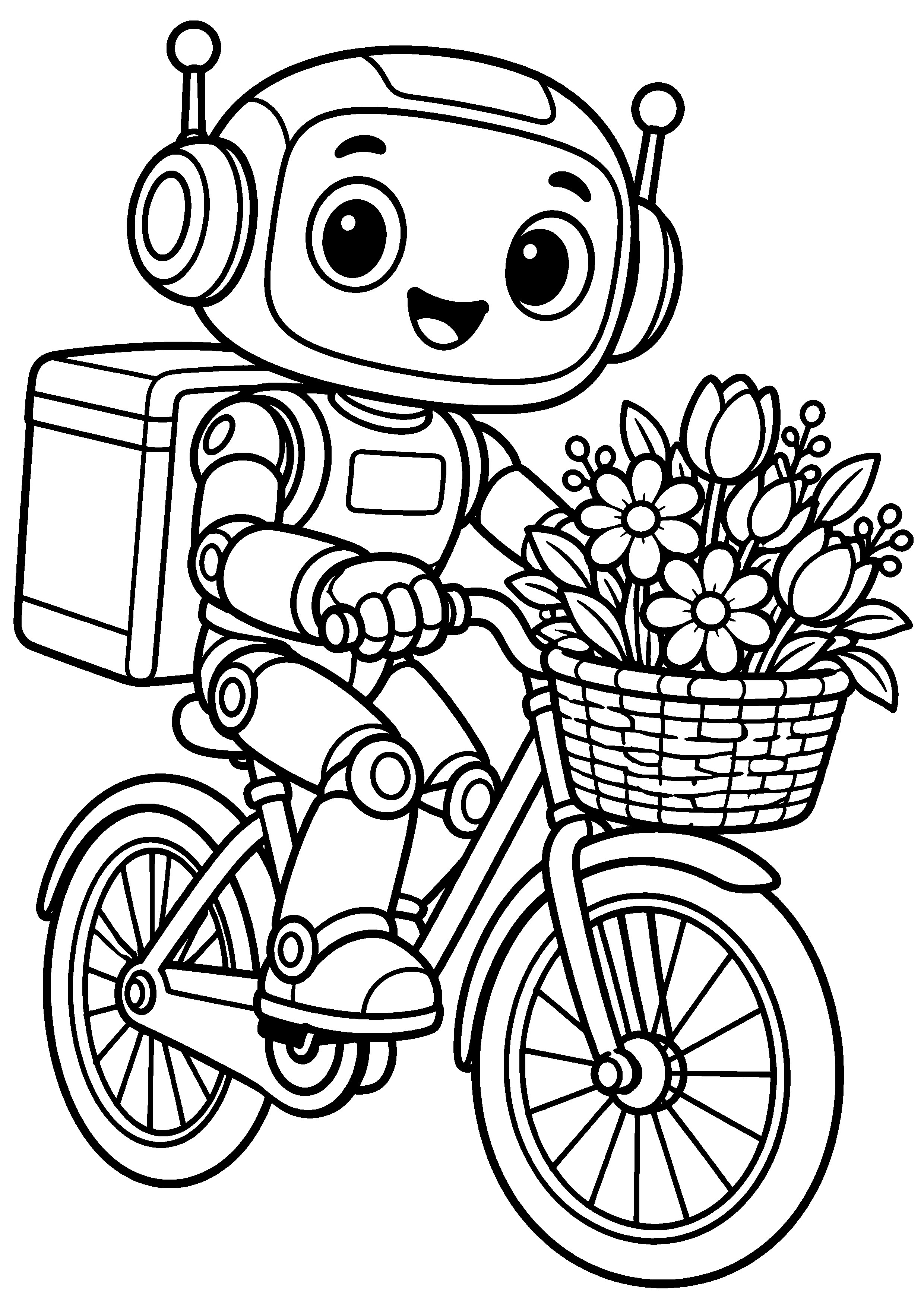 Coloriage en noir et blanc représentant robot livreur à vélo transportant un panier de fleurs, en grand format A4