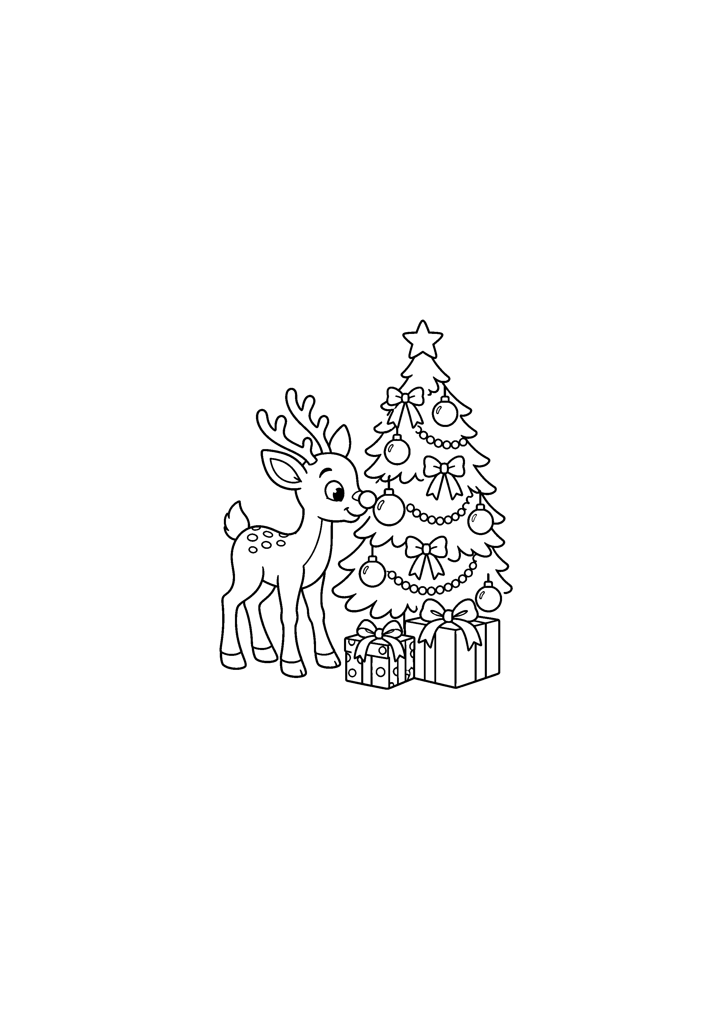 Coloriage Rodolphe devant le sapin, composition 6 de Noël à imprimer gratuitement