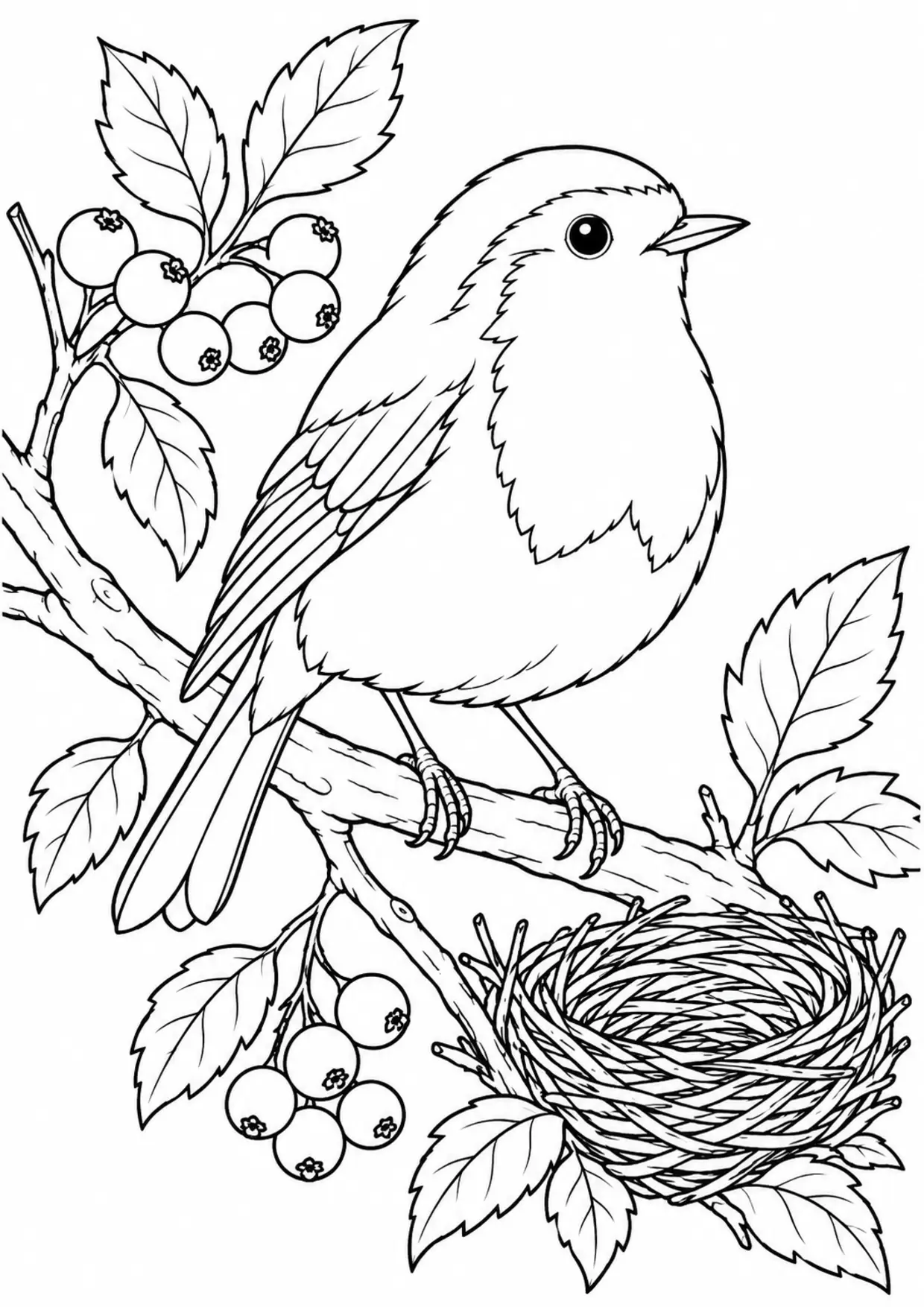 Coloriage rouge-gorge : baies nid à imprimer montrant baies nid, dessin noir et blanc