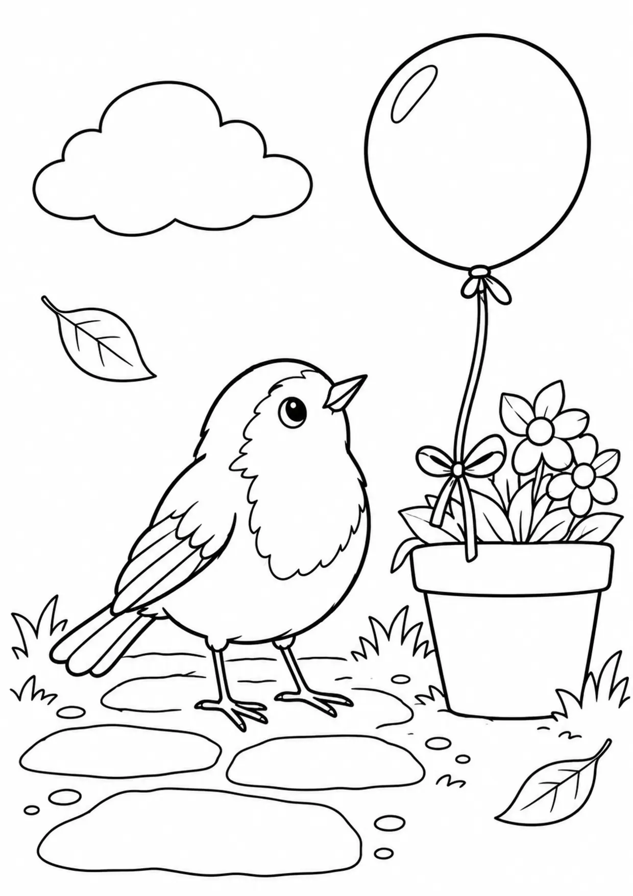 Coloriage rouge-gorge : ballon à imprimer montrant ballon, dessin noir et blanc