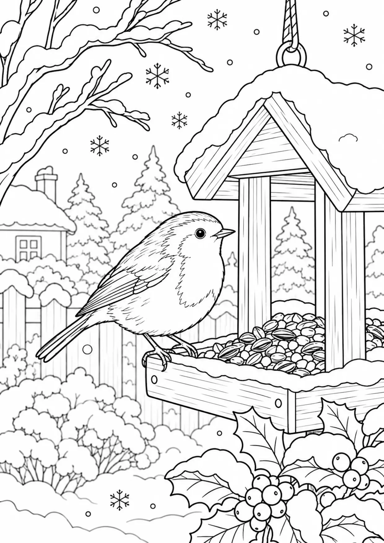 Coloriage rouge-gorge : mangeoire à imprimer montrant mangeoire, dessin noir et blanc