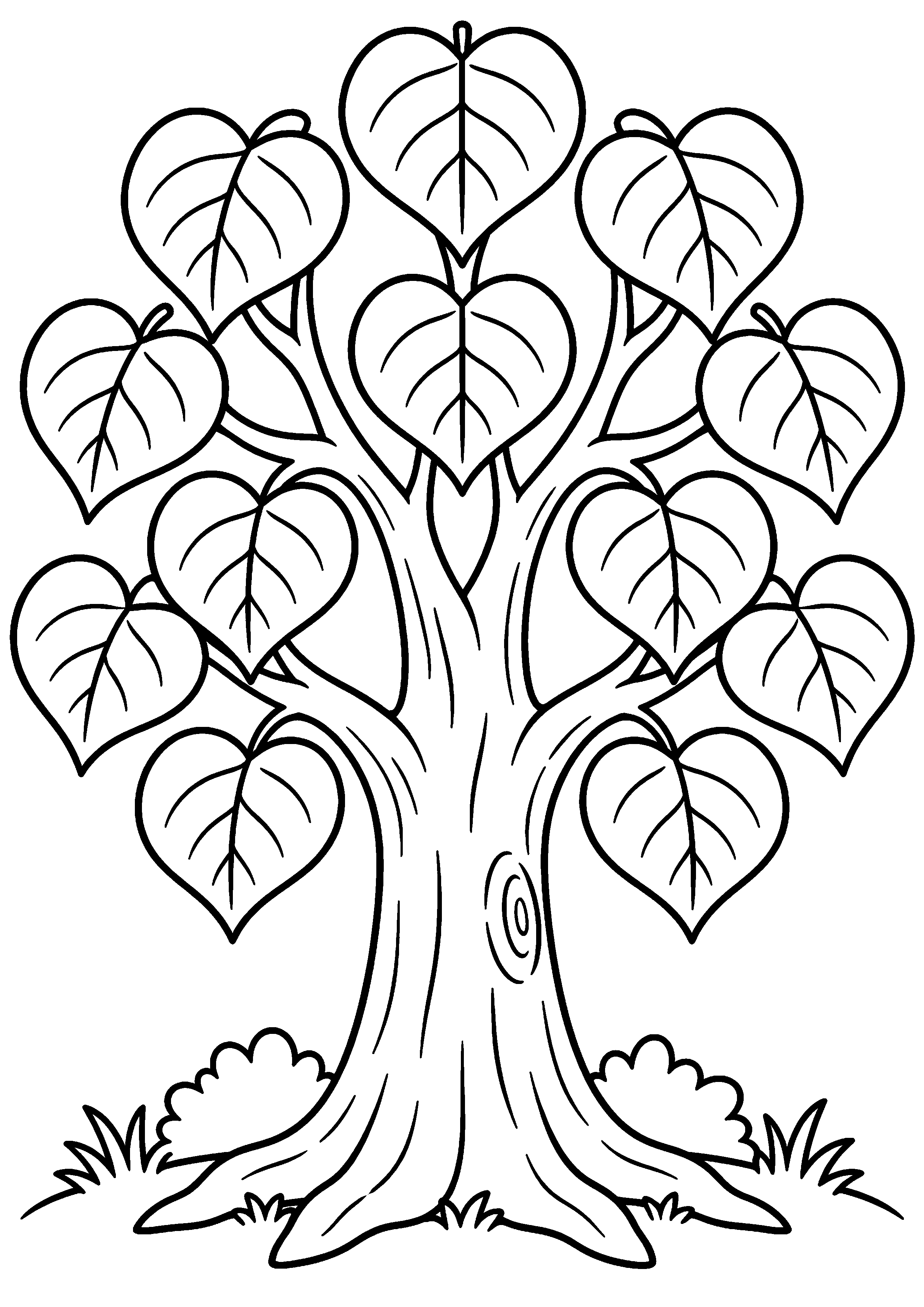 Grand arbre portant des feuilles en forme de cœur à colorier
