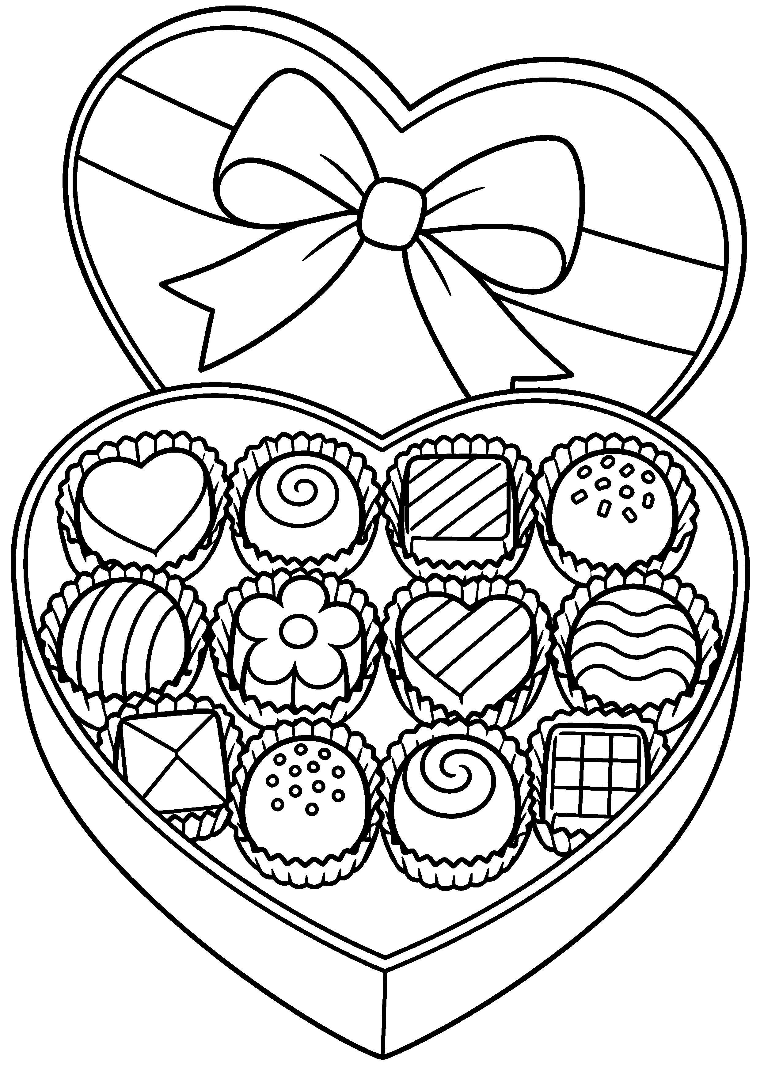 Grande boîte en cœur remplie de chocolats à colorier