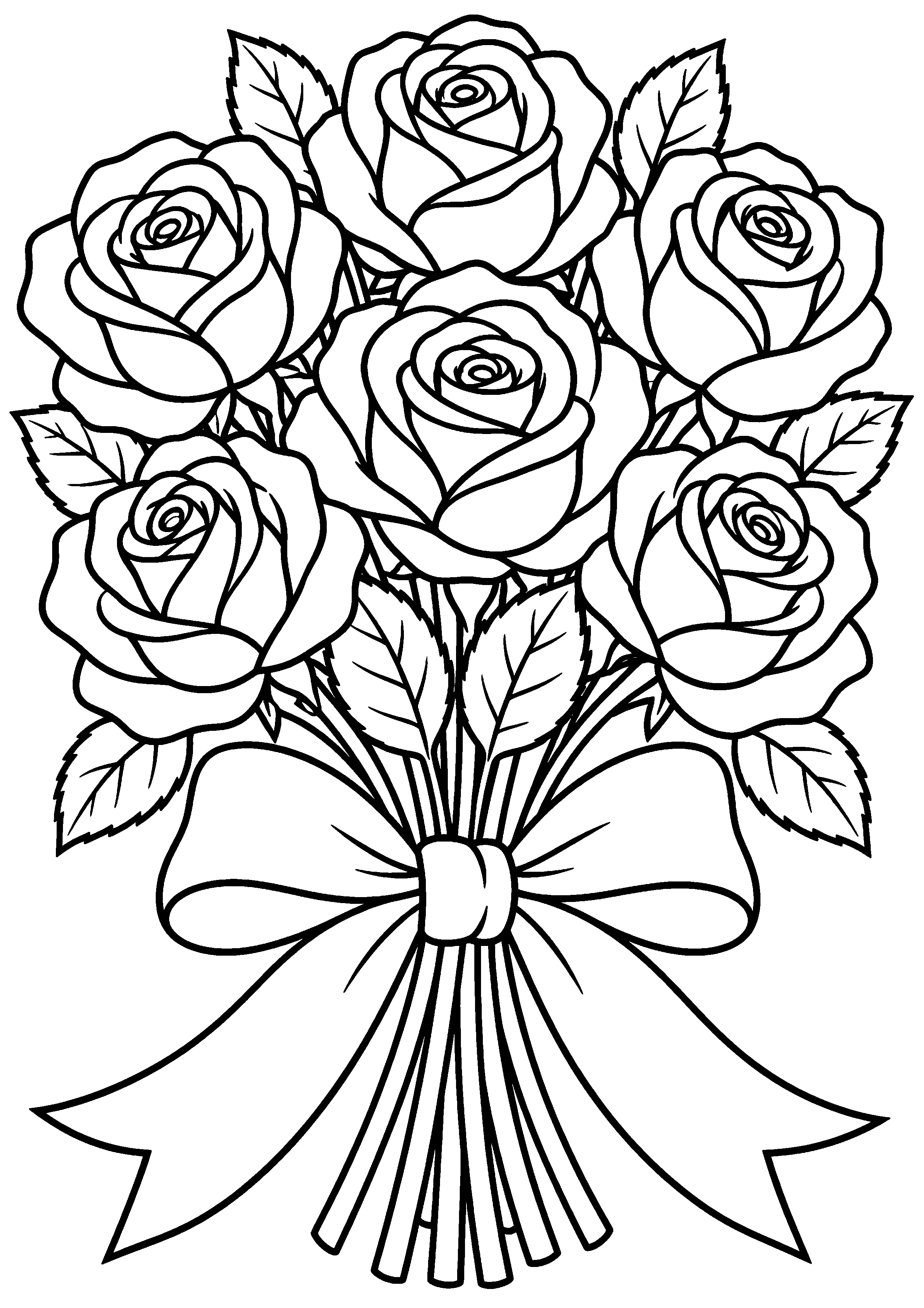 Grand bouquet de sept roses attaché par un ruban à colorier