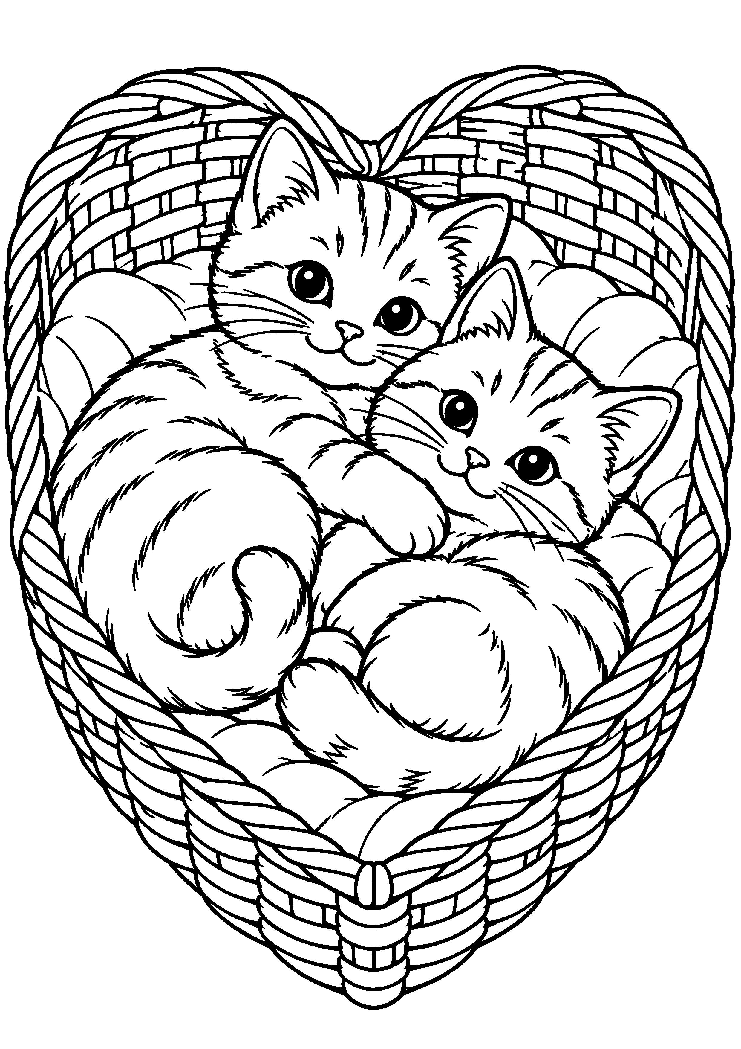Deux chatons blottis dans un grand panier en forme de cœur à colorier