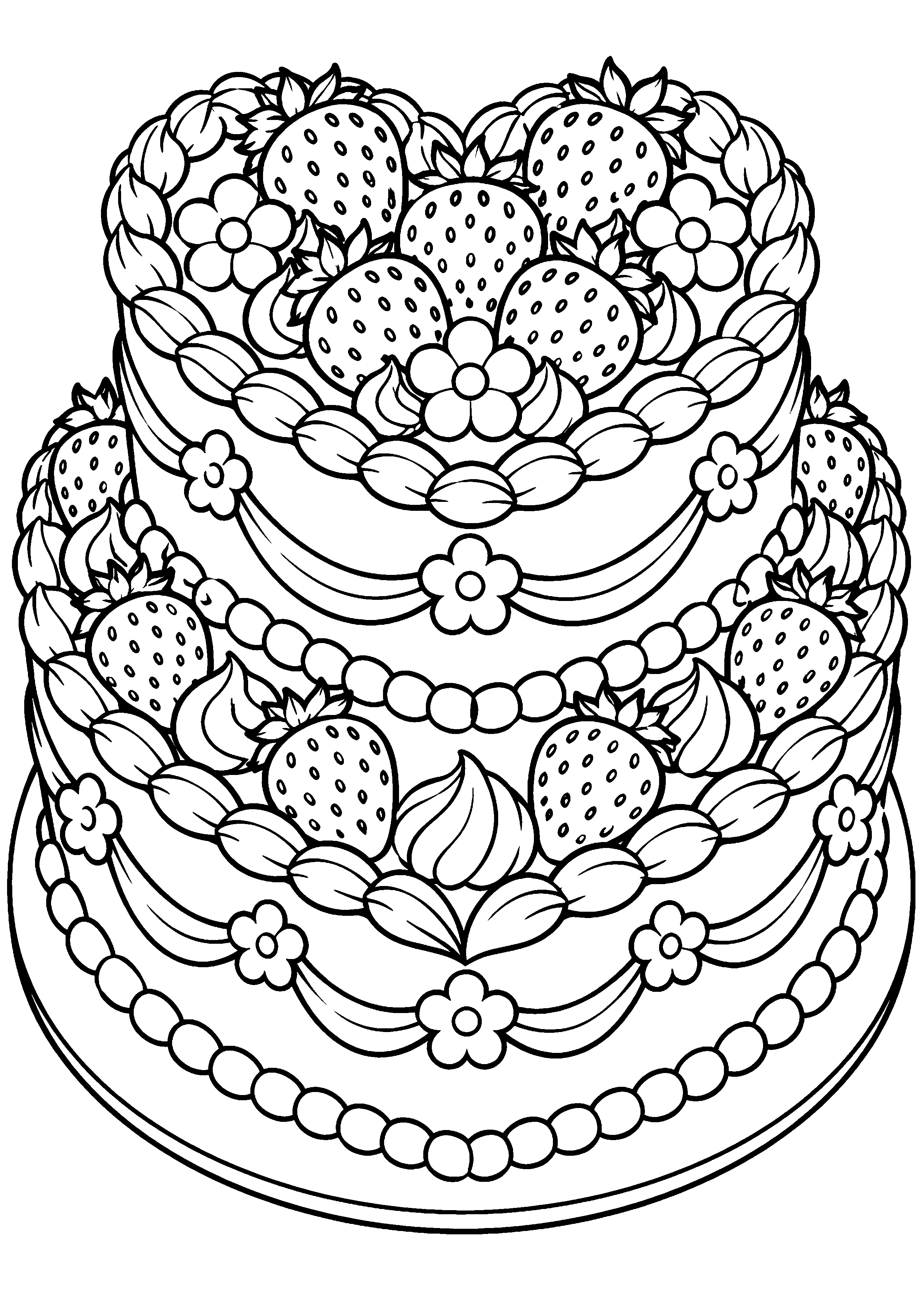 Grand gâteau de Saint-Valentin en forme de cœur avec des fraises à colorier