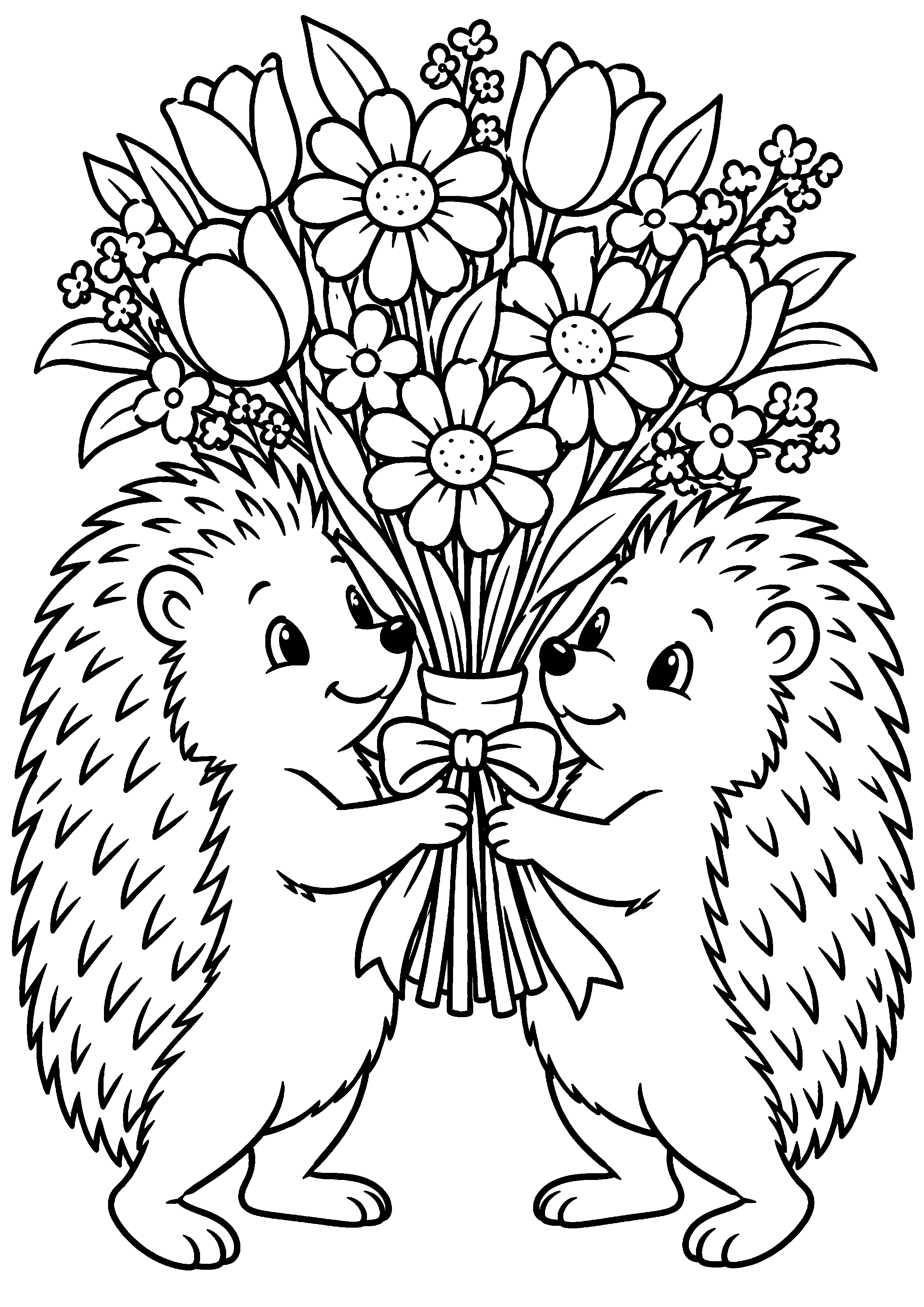 Deux hérissons offrant ensemble une grande gerbe de fleurs à colorier