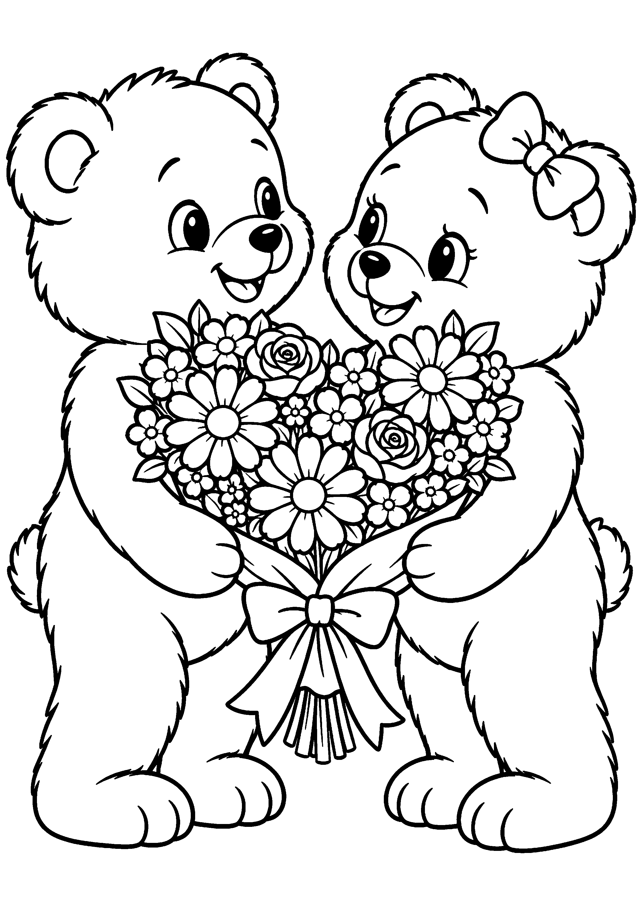 Deux oursons mignons partageant un grand bouquet à colorier