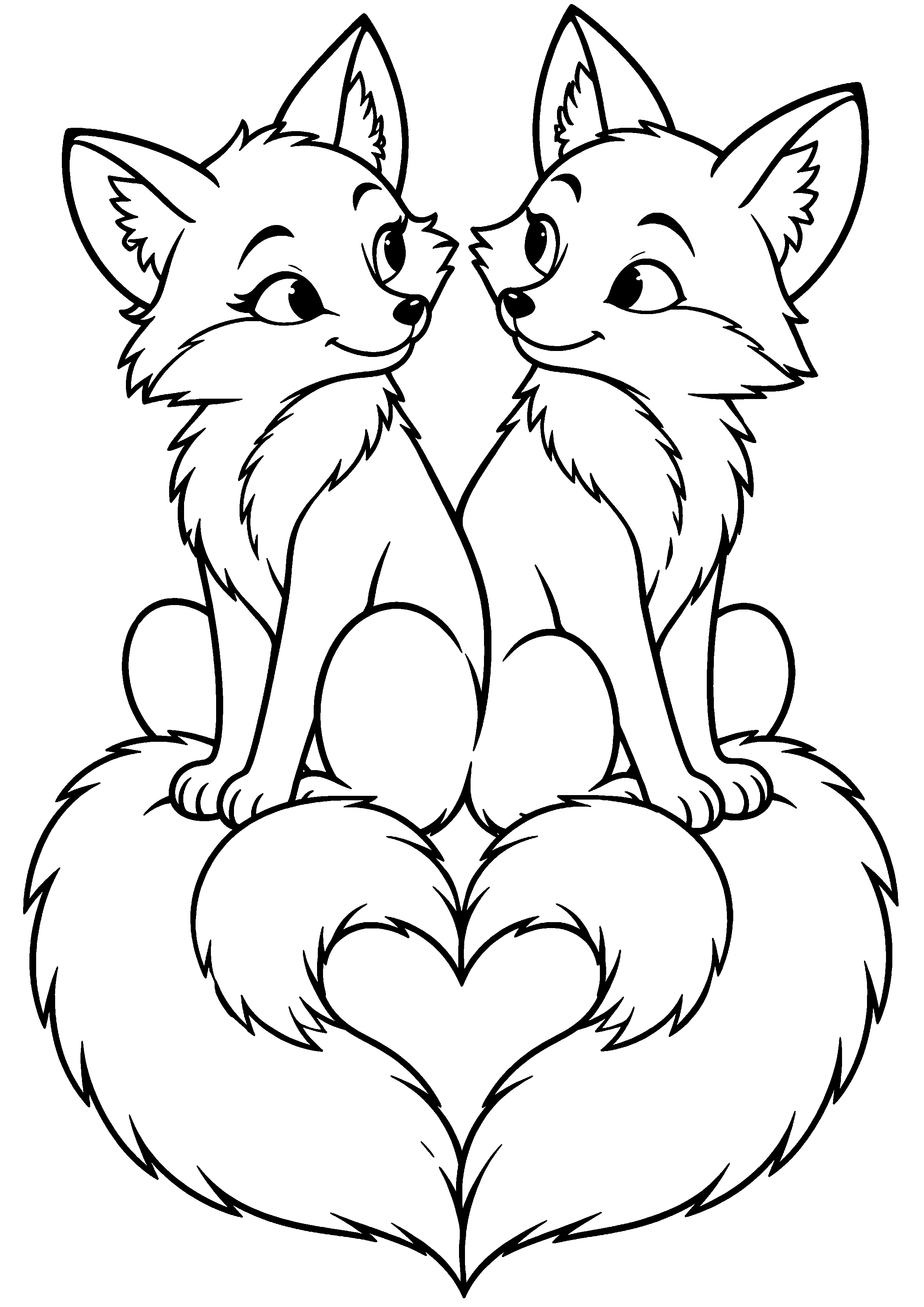 Deux renards assis dont les queues dessinent un cœur à colorier