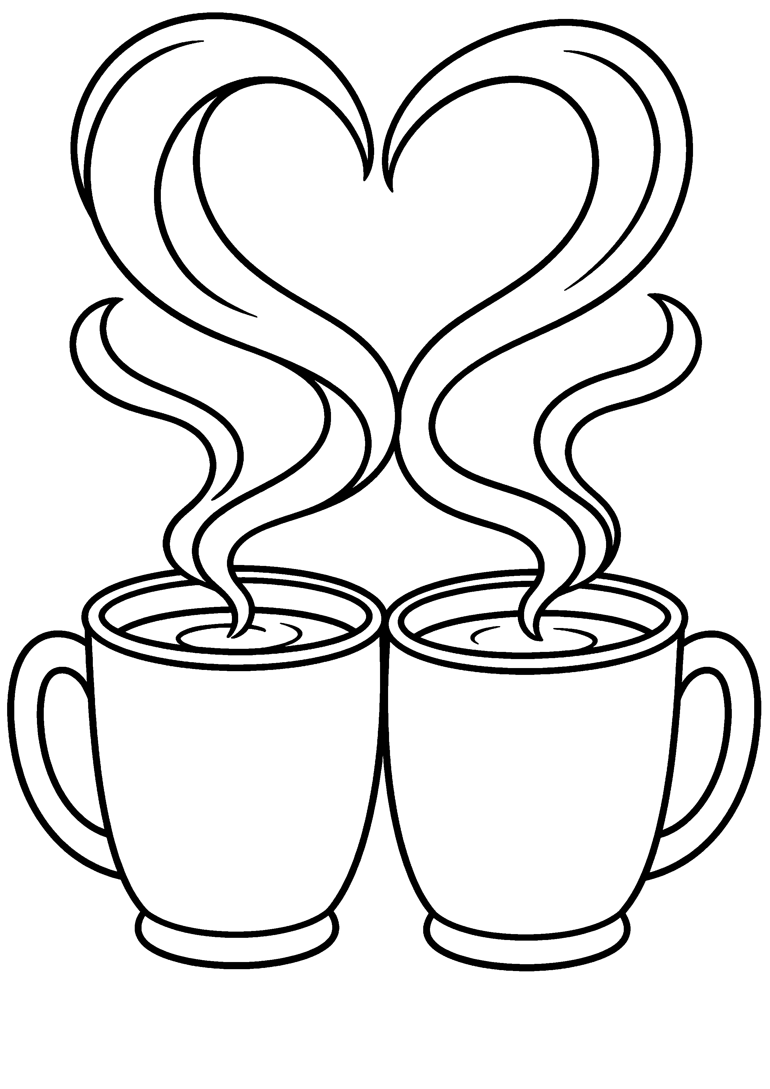 Deux grandes tasses dont la vapeur forme un cœur à colorier