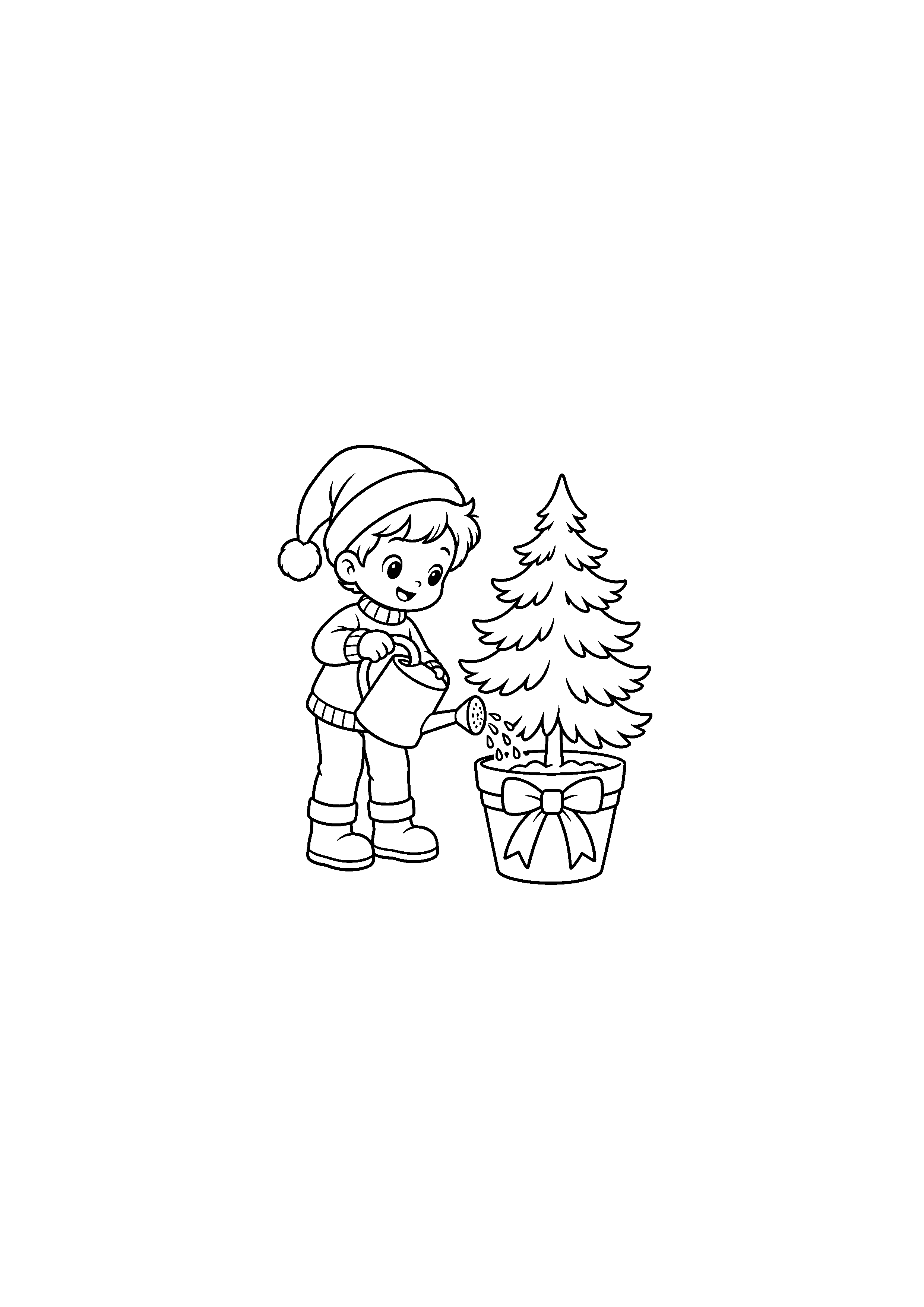 Coloriage enfant décorant le sapin, composition 14 de Noël à imprimer gratuitement