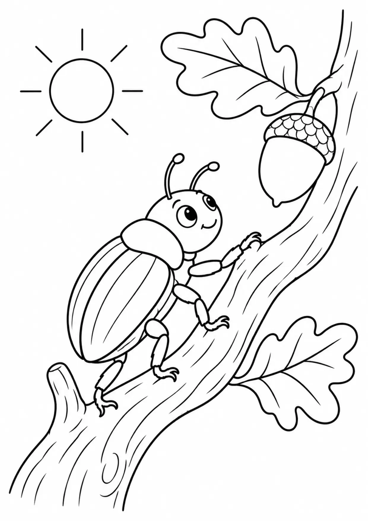 Coloriage scarabée : gland branche à imprimer montrant gland branche, dessin noir et blanc